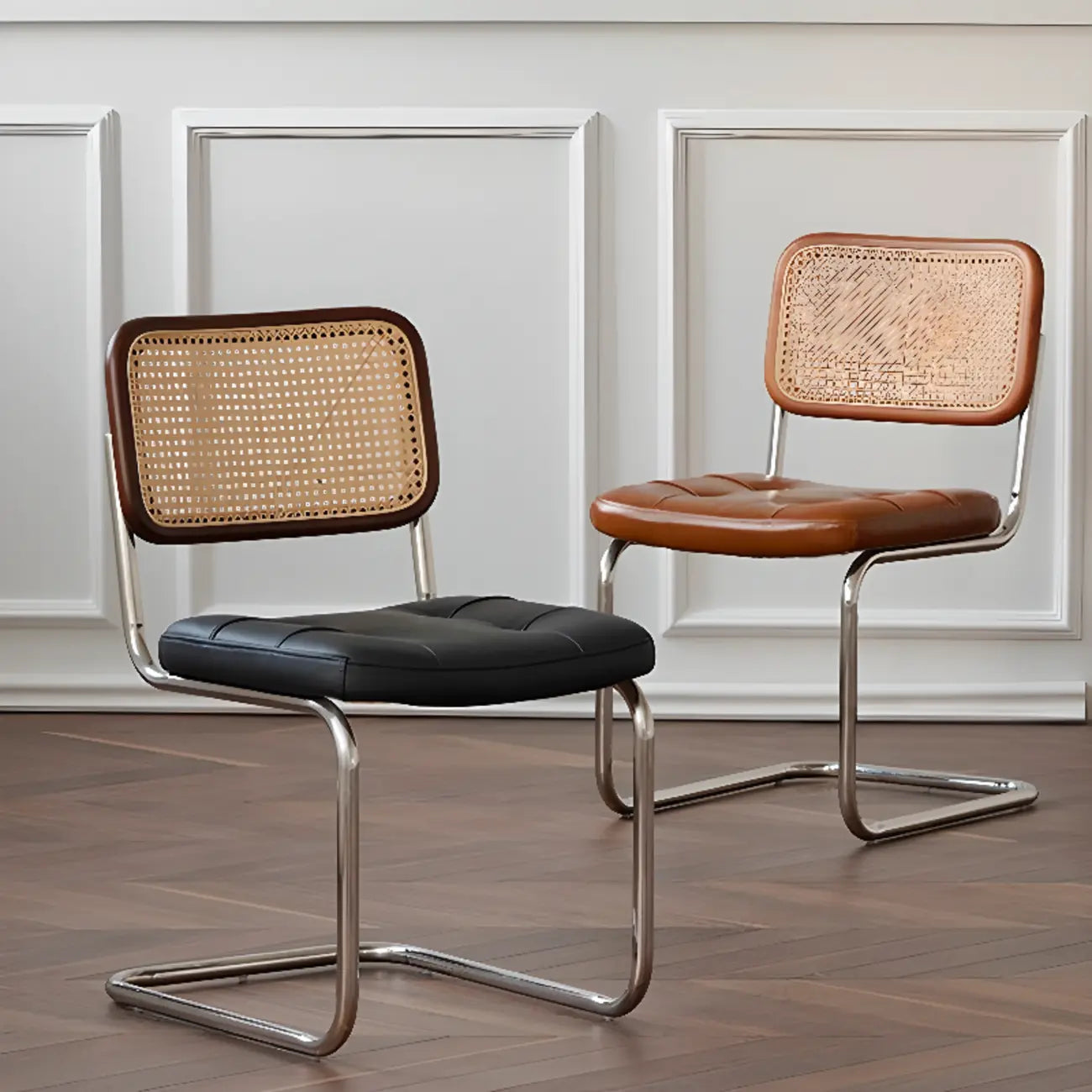 Modern Brown Cantilever Faux Leather Dining Chair Woven Back