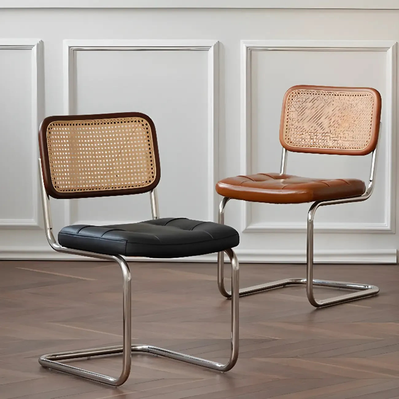 Modern Brown Cantilever Faux Leather Dining Chair Woven Back