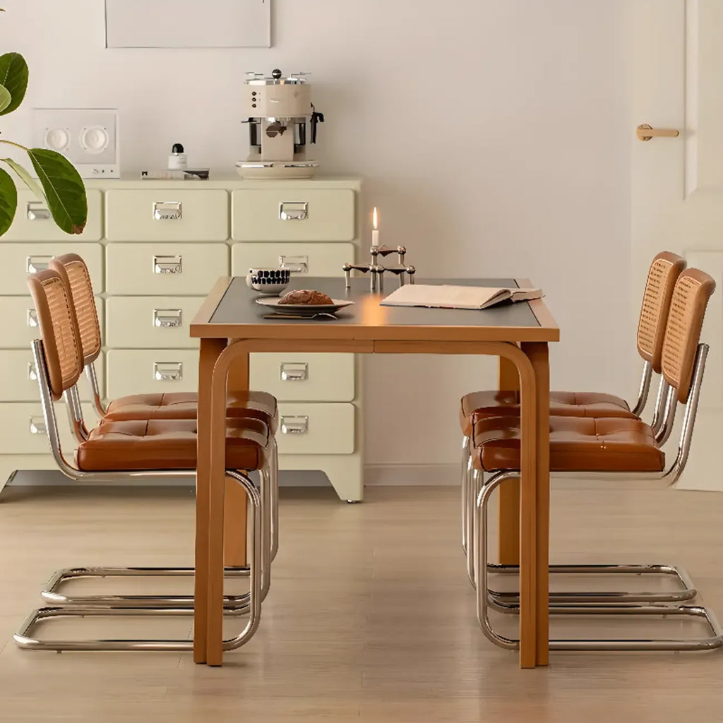 Modern Brown Cantilever Faux Leather Dining Chair Woven Back