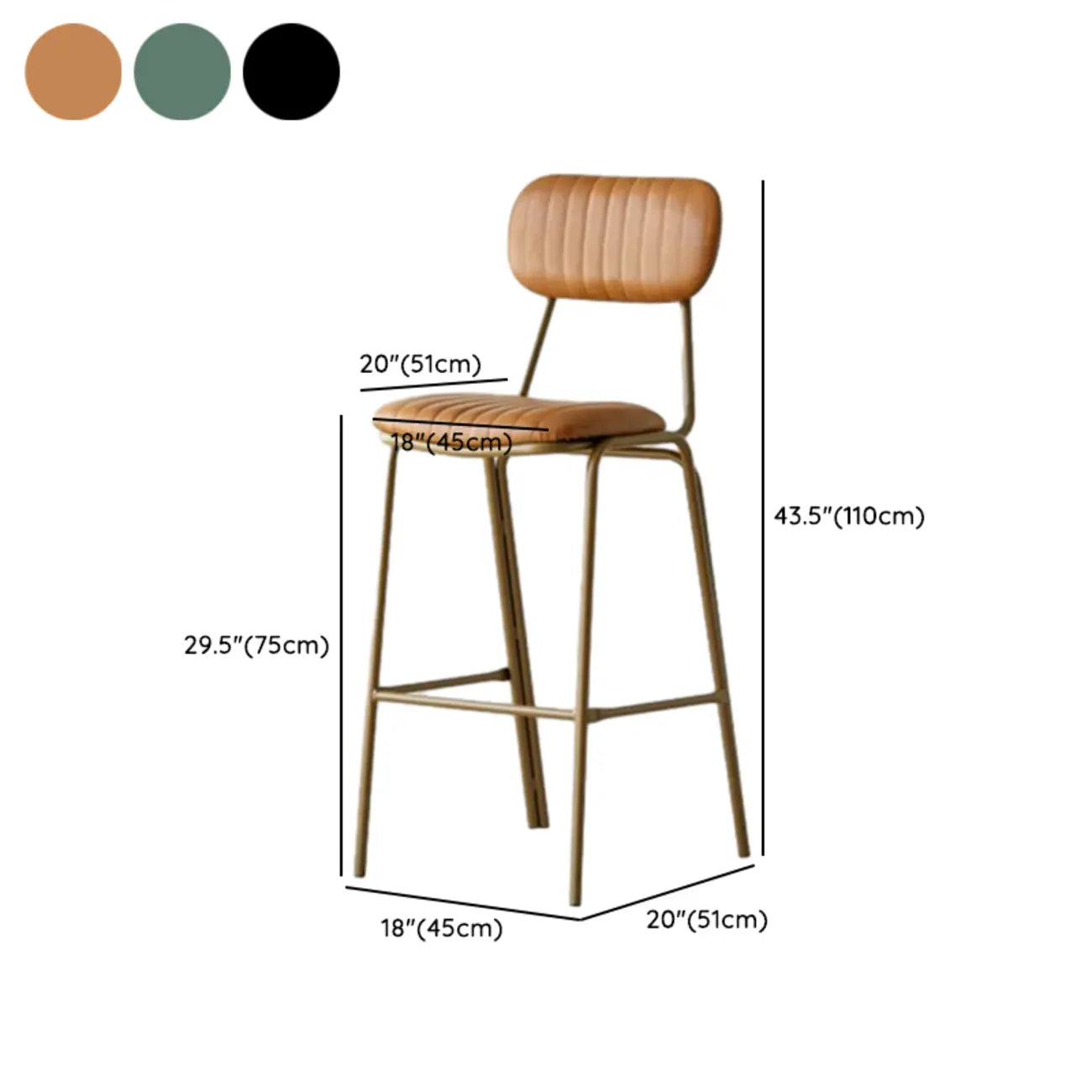 Mid Century Modern Leather Gold Frame Bar Stools with Backs