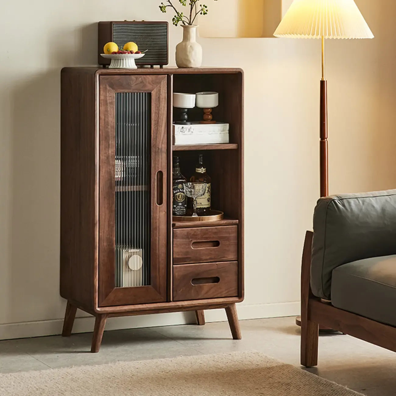 Elegant Wooden Display Cabinet with Drawers and Glass Door