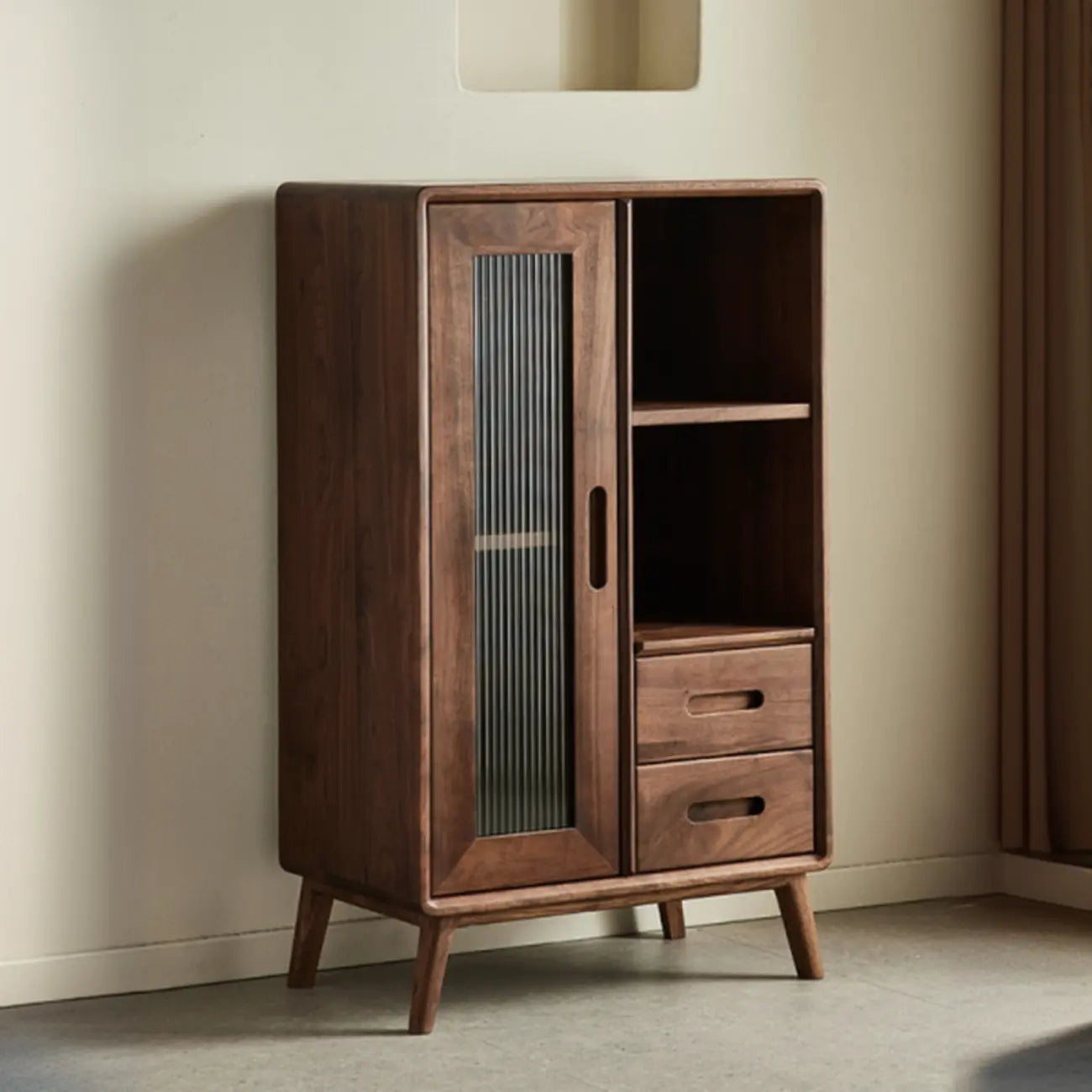 Elegant Wooden Display Cabinet with Drawers and Glass Door