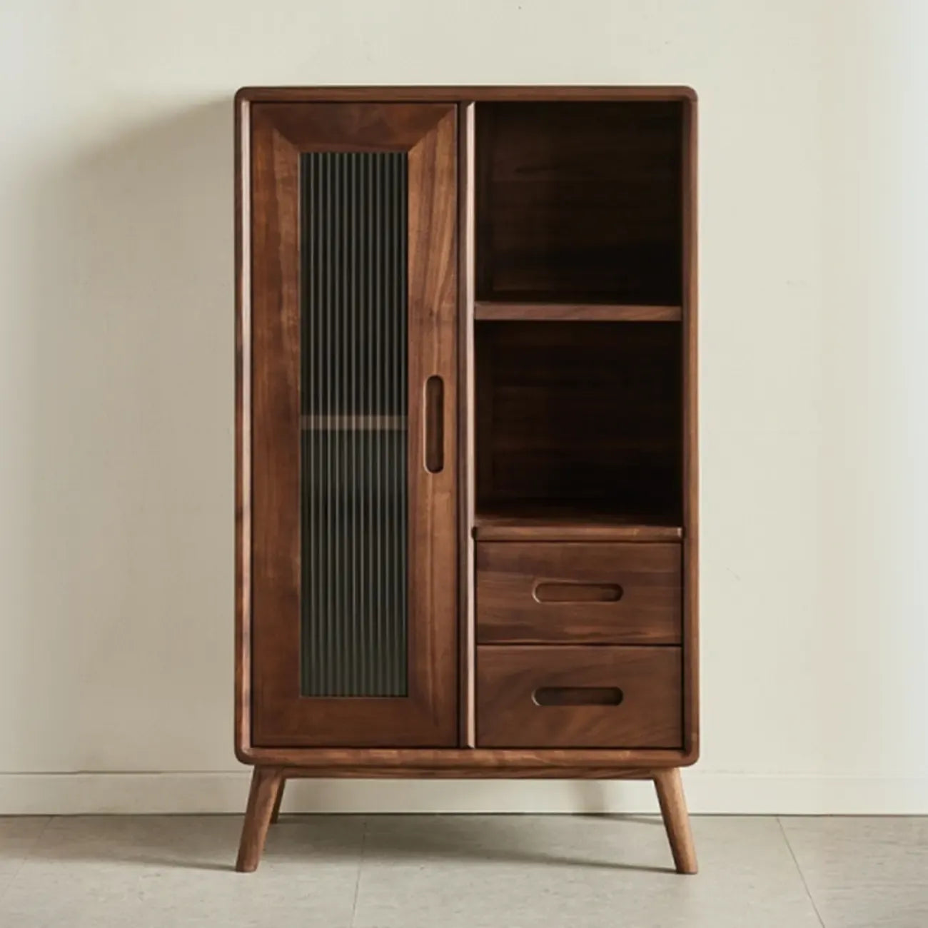 Elegant Wooden Display Cabinet with Drawers and Glass Door