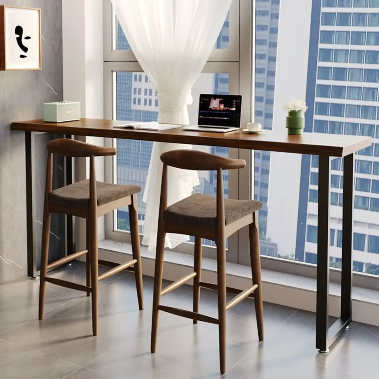 Modern Brown Wooden Top Rectangle Bar Table Metal Base