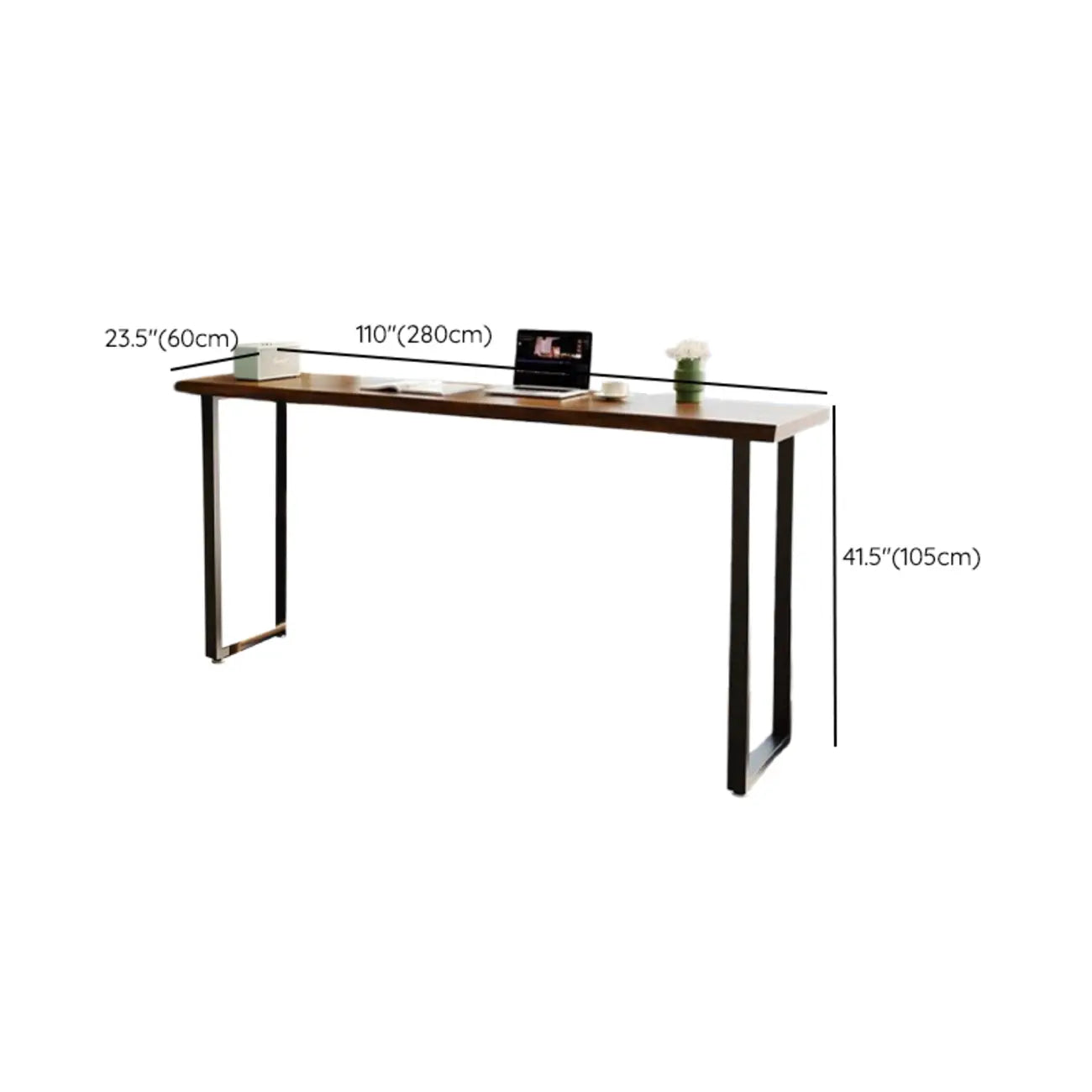 Modern Brown Wooden Top Rectangle Bar Table Metal Base