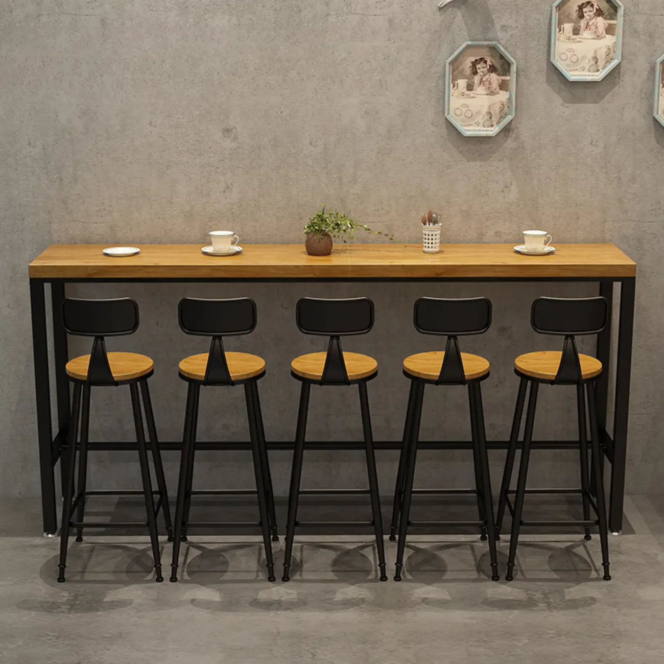 Natural Rectangle Solid Wood Long Footrest Bar Table