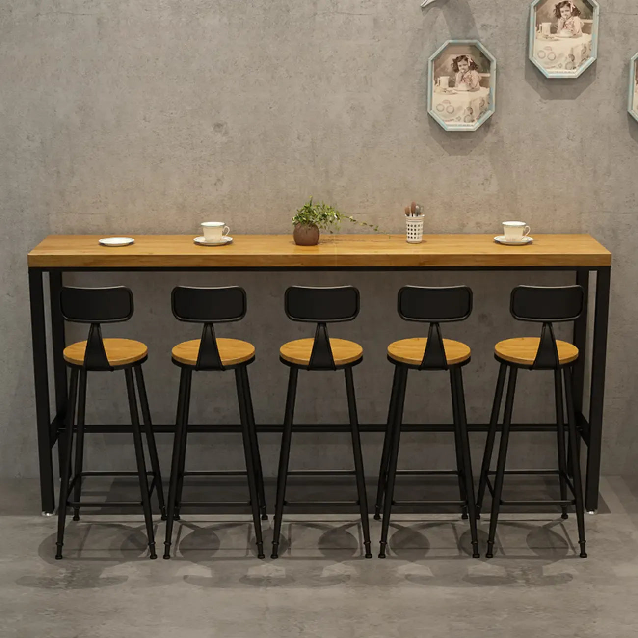 Natural Rectangle Solid Wood Long Footrest Bar Table