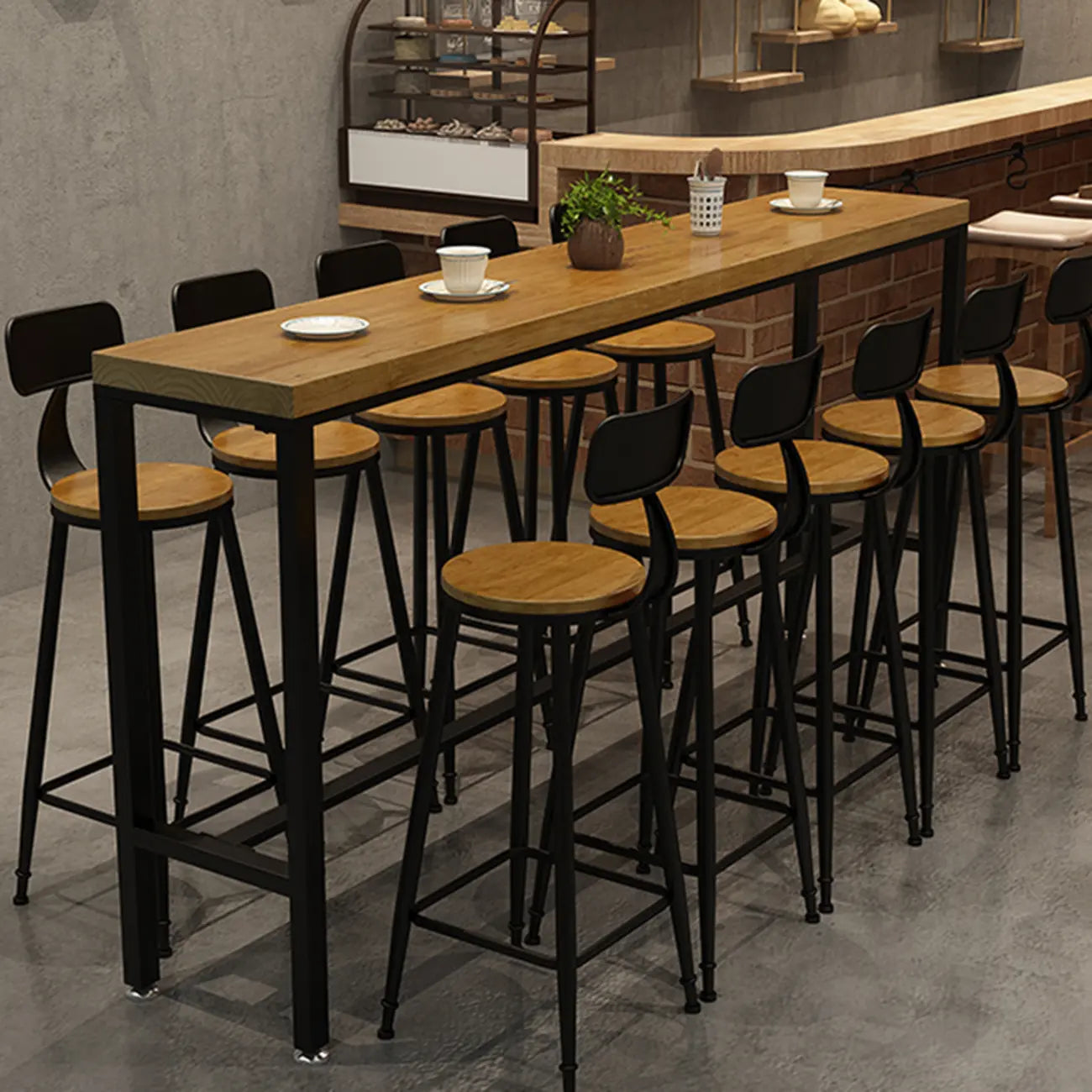 Natural Rectangle Solid Wood Long Footrest Bar Table