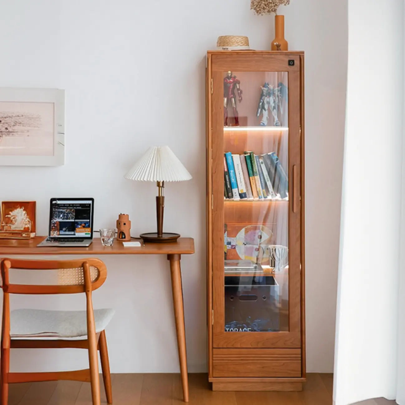 Nordic Tall Wooden 4-Shelf Curio Cabinet with Light