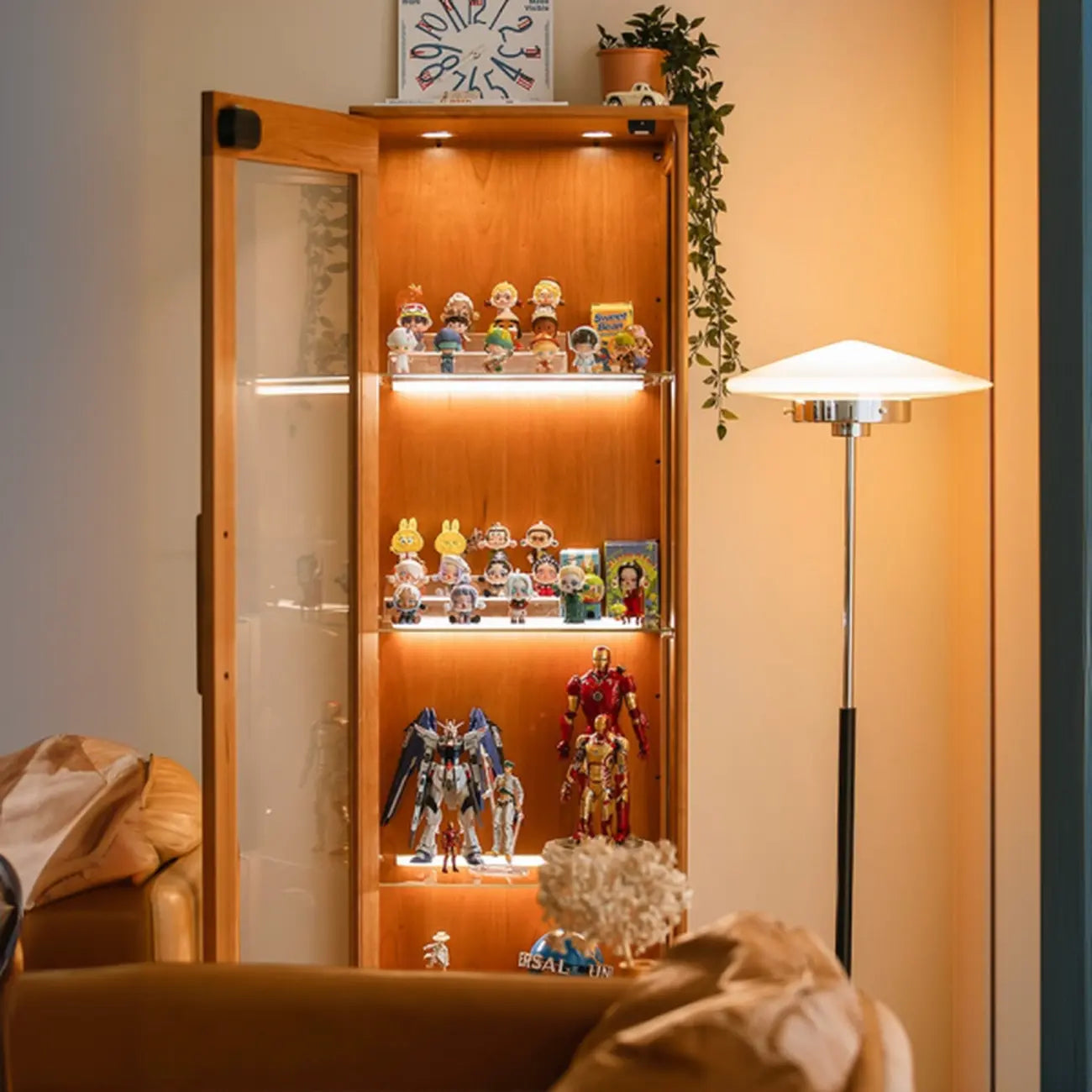 Nordic Tall Wooden 4-Shelf Curio Cabinet with Light