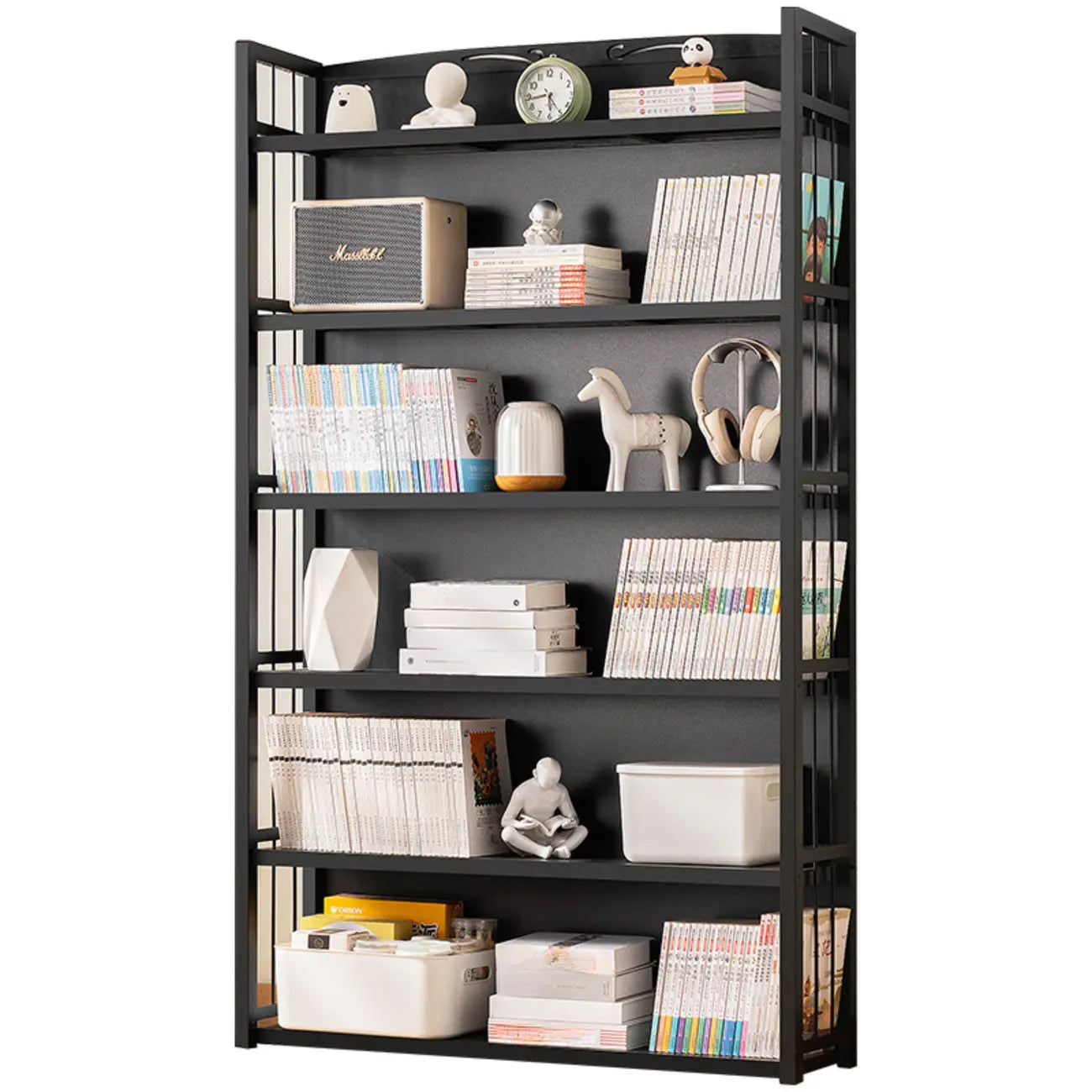 Premium Bamboo Modern Black 5-Shelf Open Bookshelf