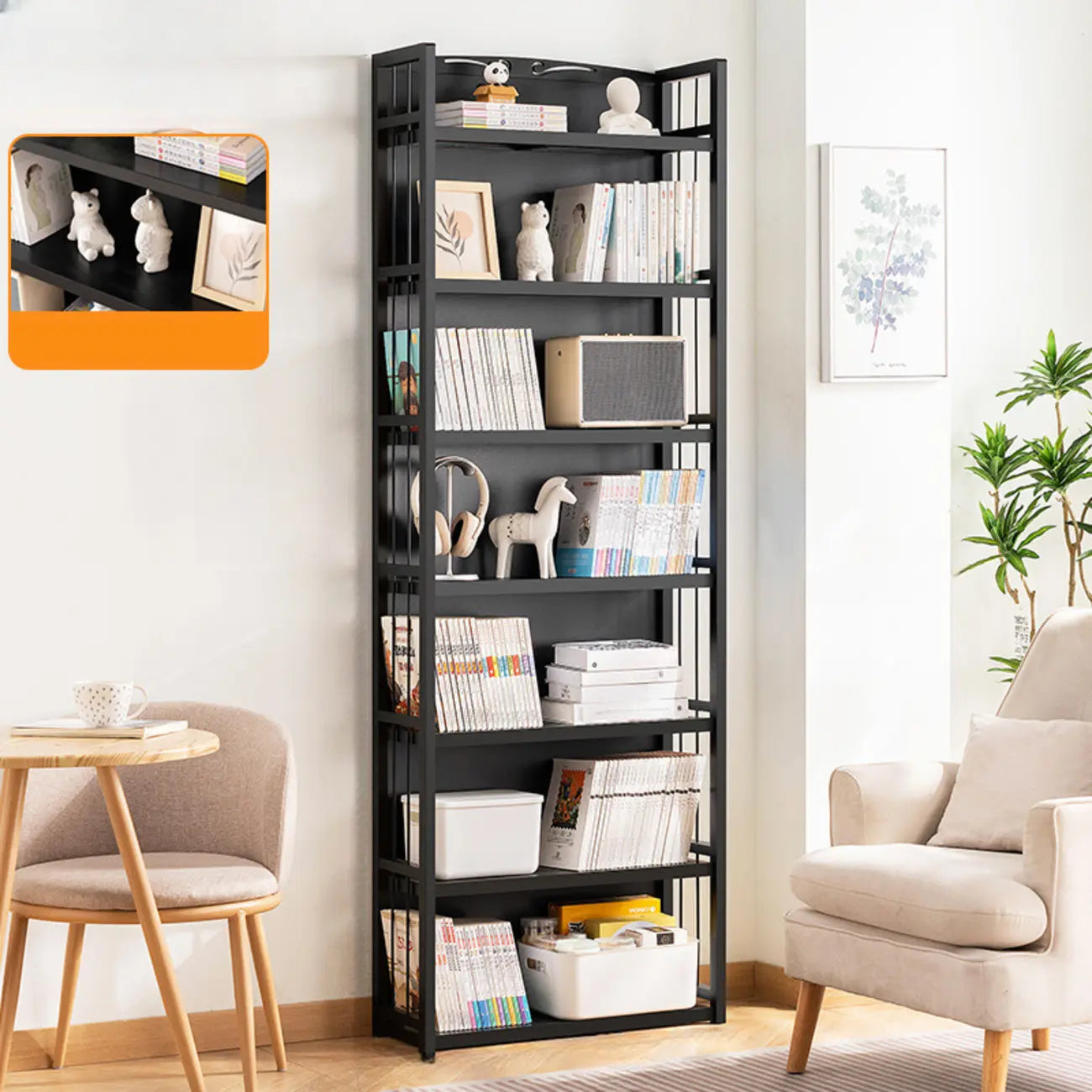 Premium Bamboo Modern Black 5-Shelf Open Bookshelf