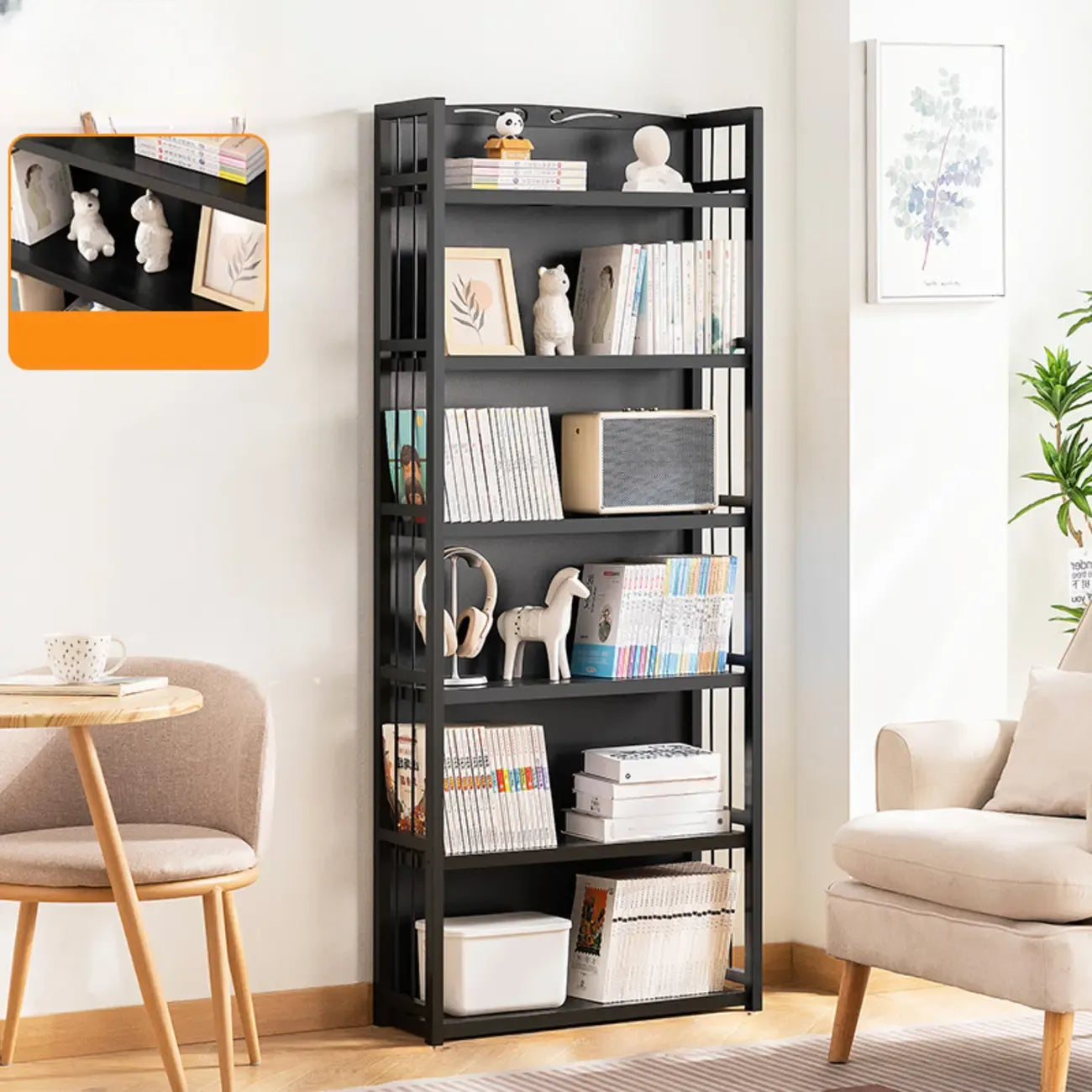 Premium Bamboo Modern Black 5-Shelf Open Bookshelf