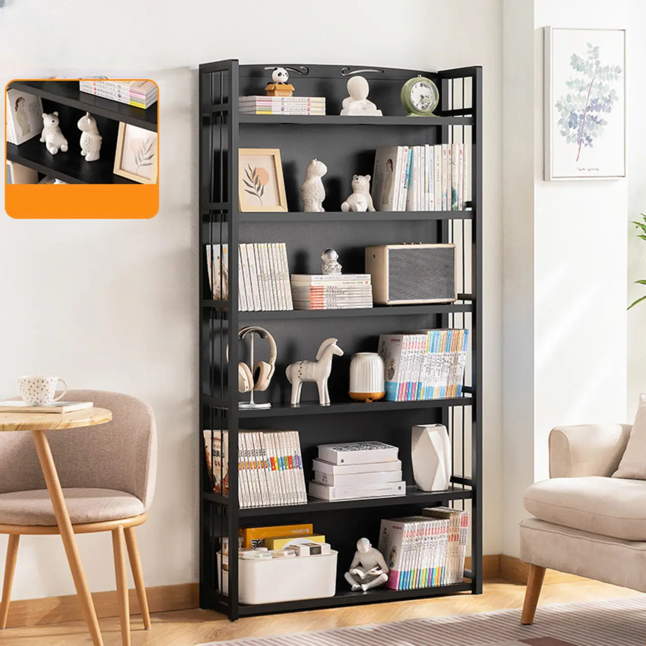 Premium Bamboo Modern Black 5-Shelf Open Bookshelf