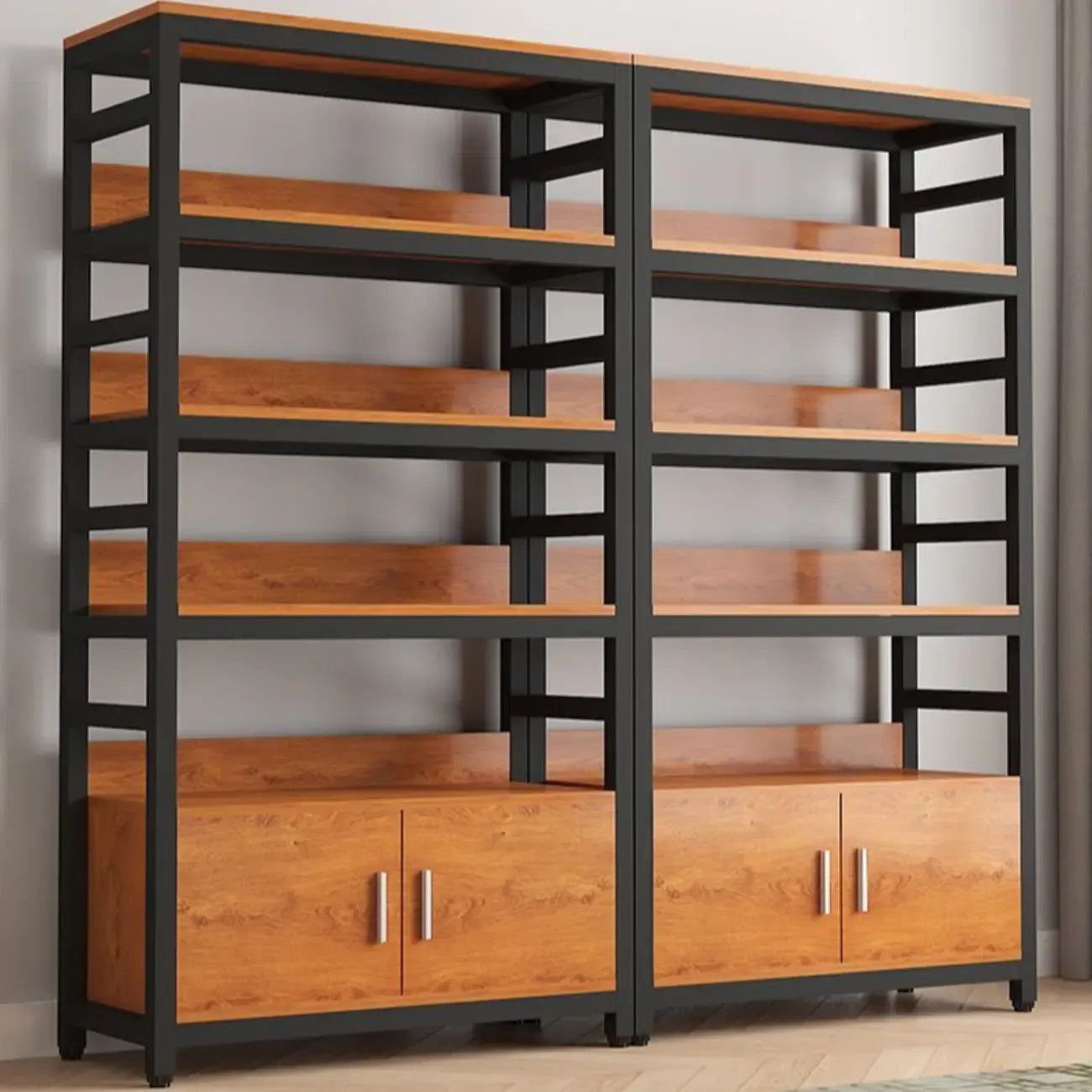 Brown Multi-Shelf Wooden Vertical Bookcase with Cabinet
