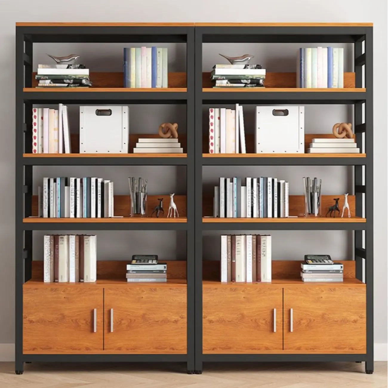 Brown Multi-Shelf Wooden Vertical Bookcase with Cabinet