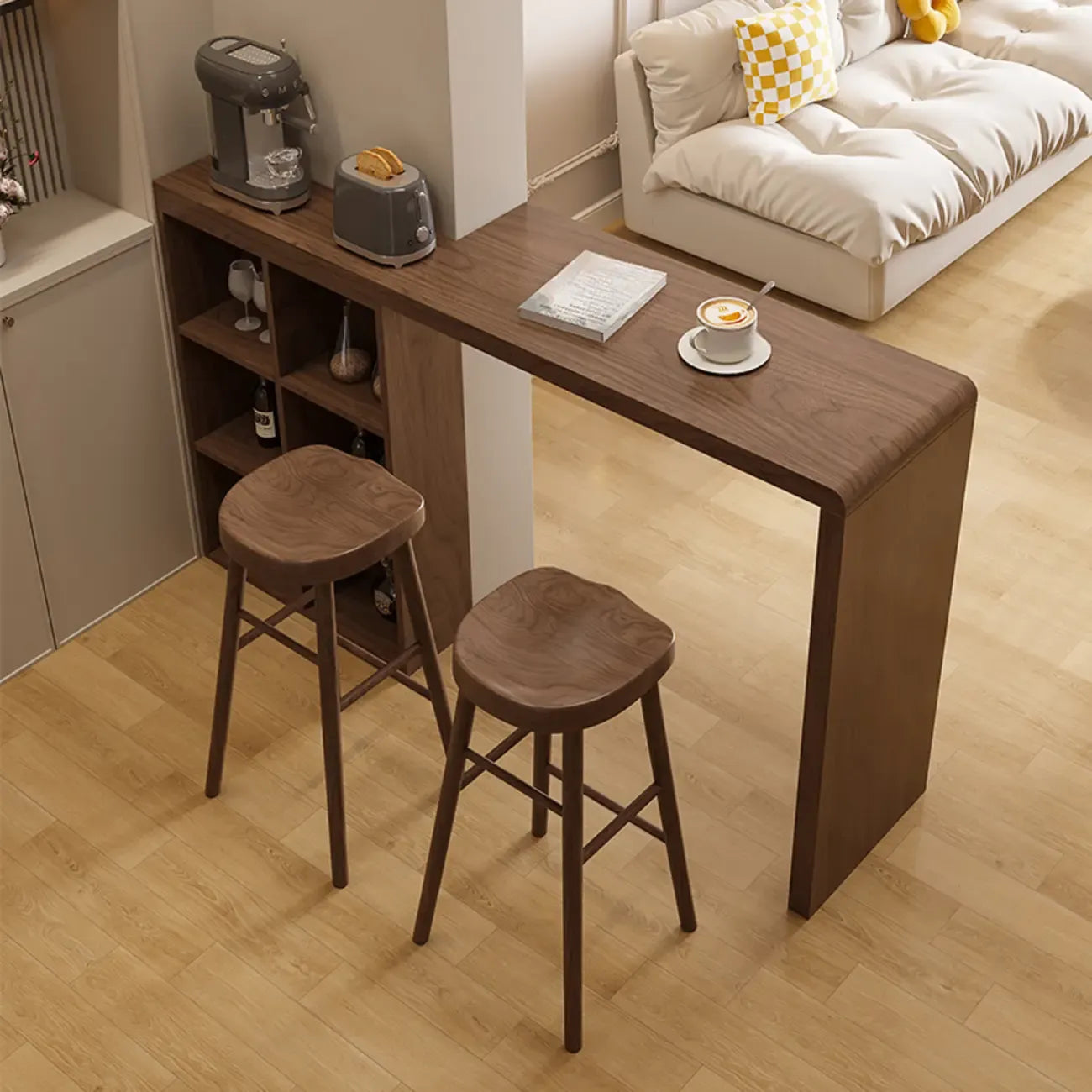 Rectangle Brown Wood Bar Table with Cabinet Storage for Dining