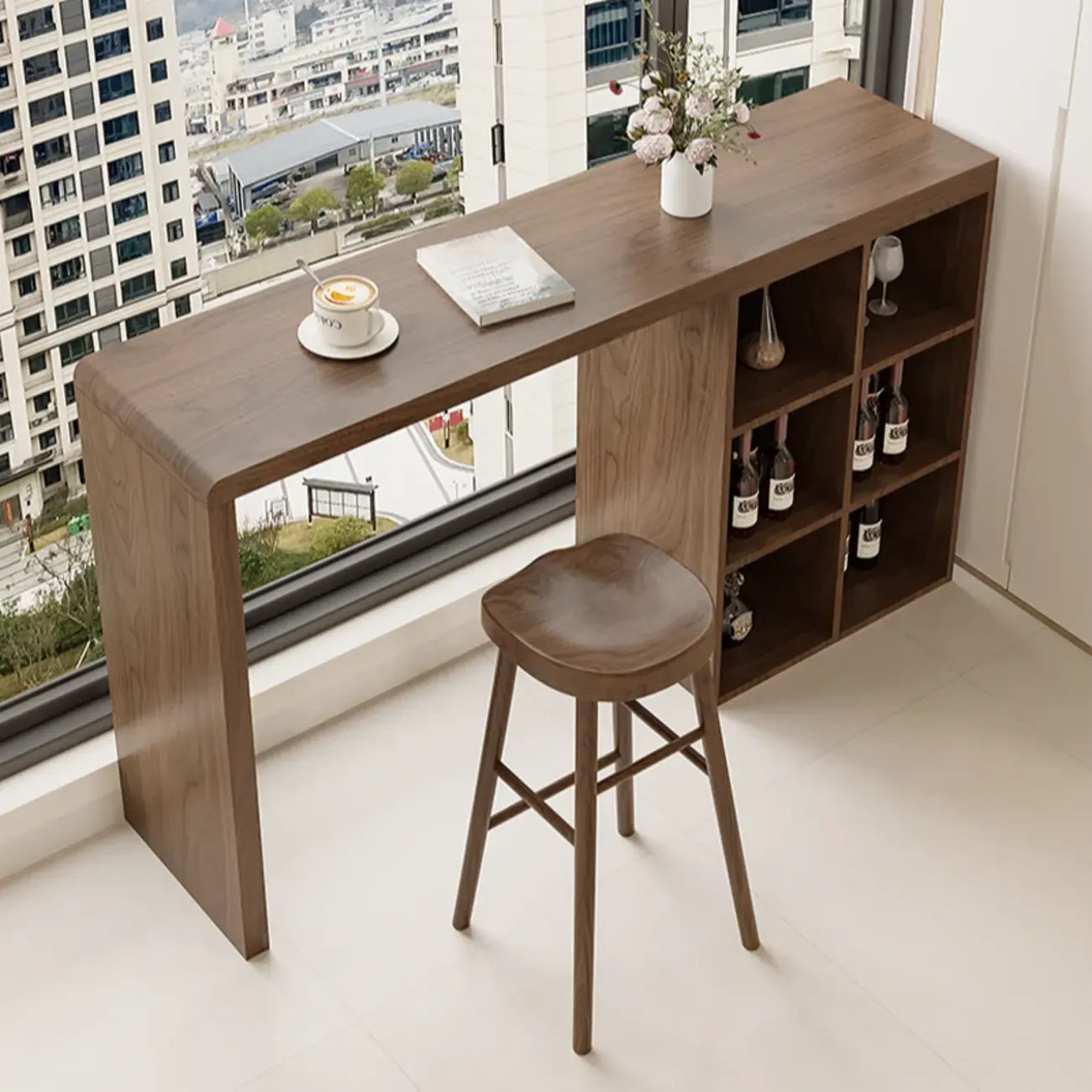 Rectangle Brown Wood Bar Table with Cabinet Storage for Dining