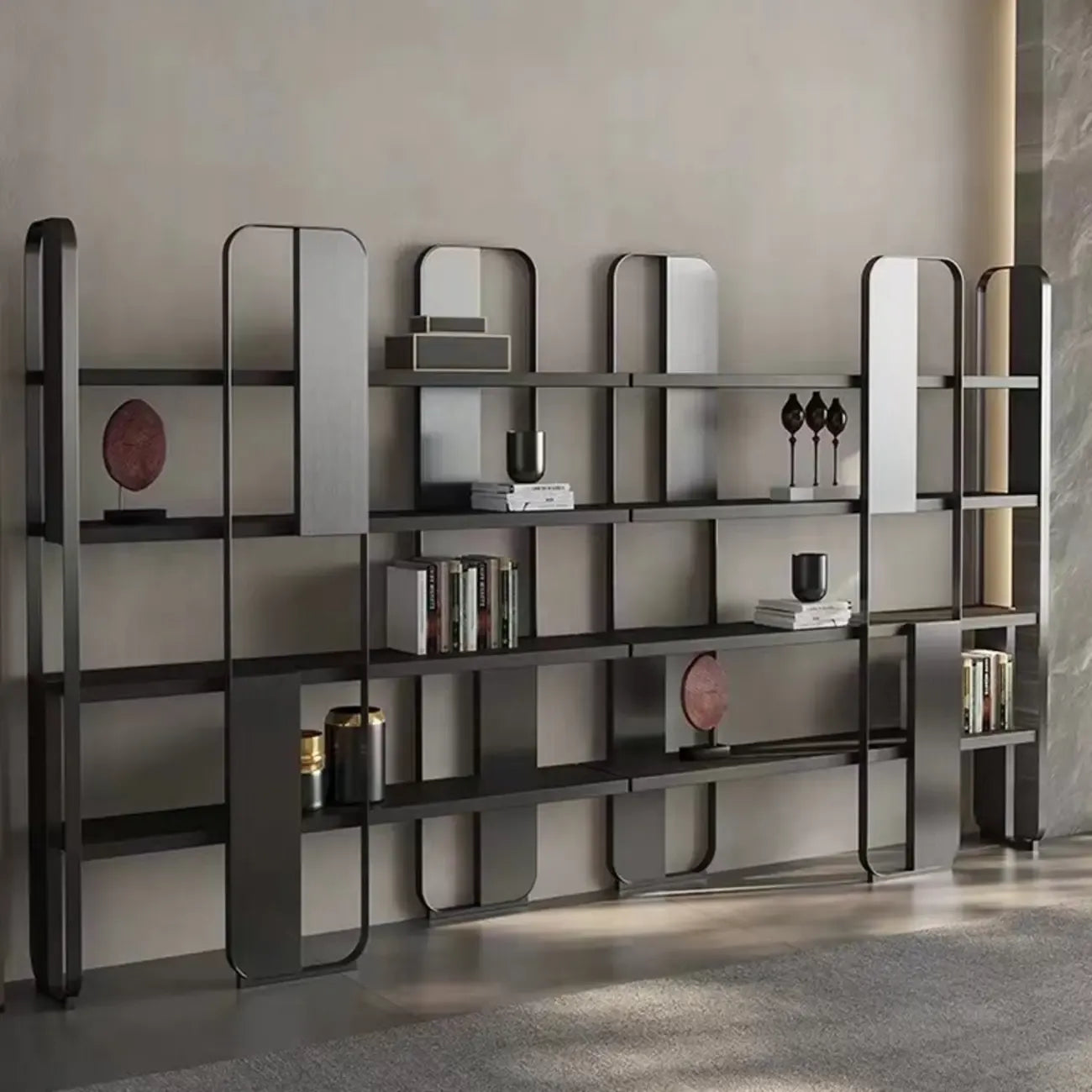 Minimalist Horizontal Wood Shelf Steel Etagere Bookcase