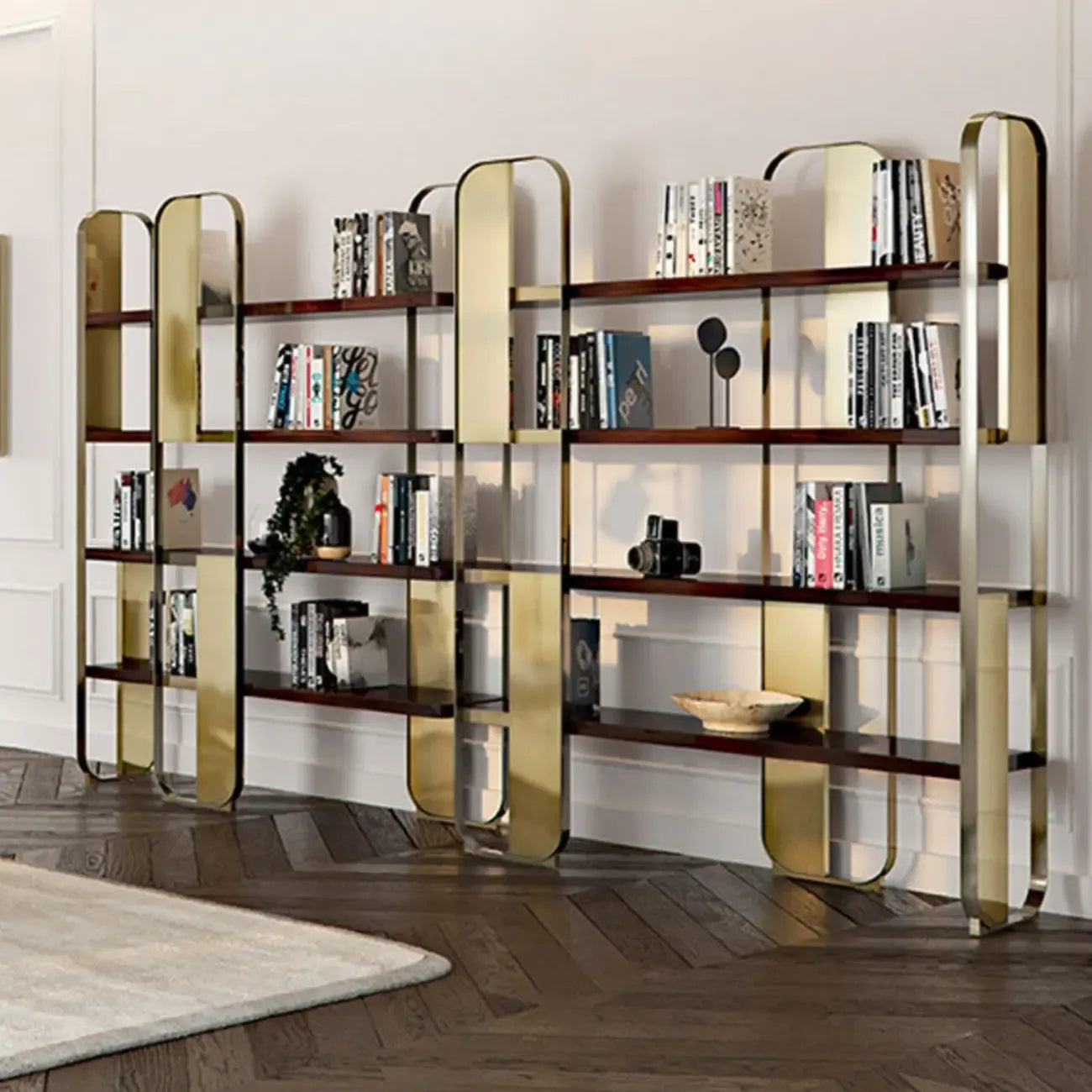 Minimalist Horizontal Wood Shelf Steel Etagere Bookcase