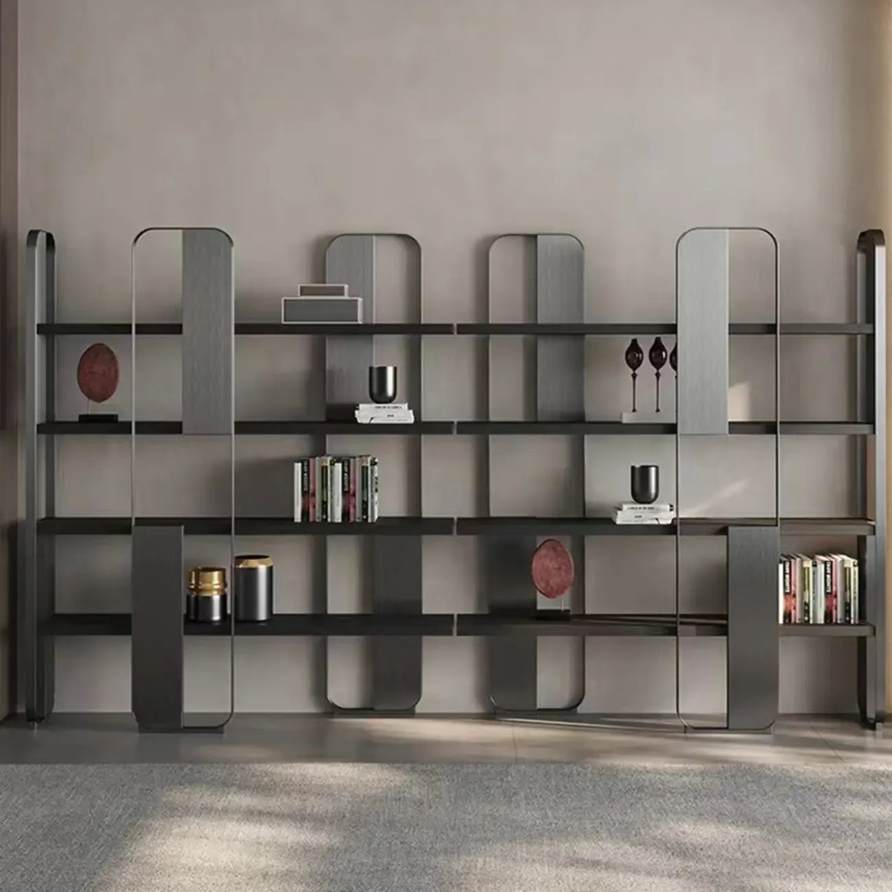 Minimalist Horizontal Wood Shelf Steel Etagere Bookcase