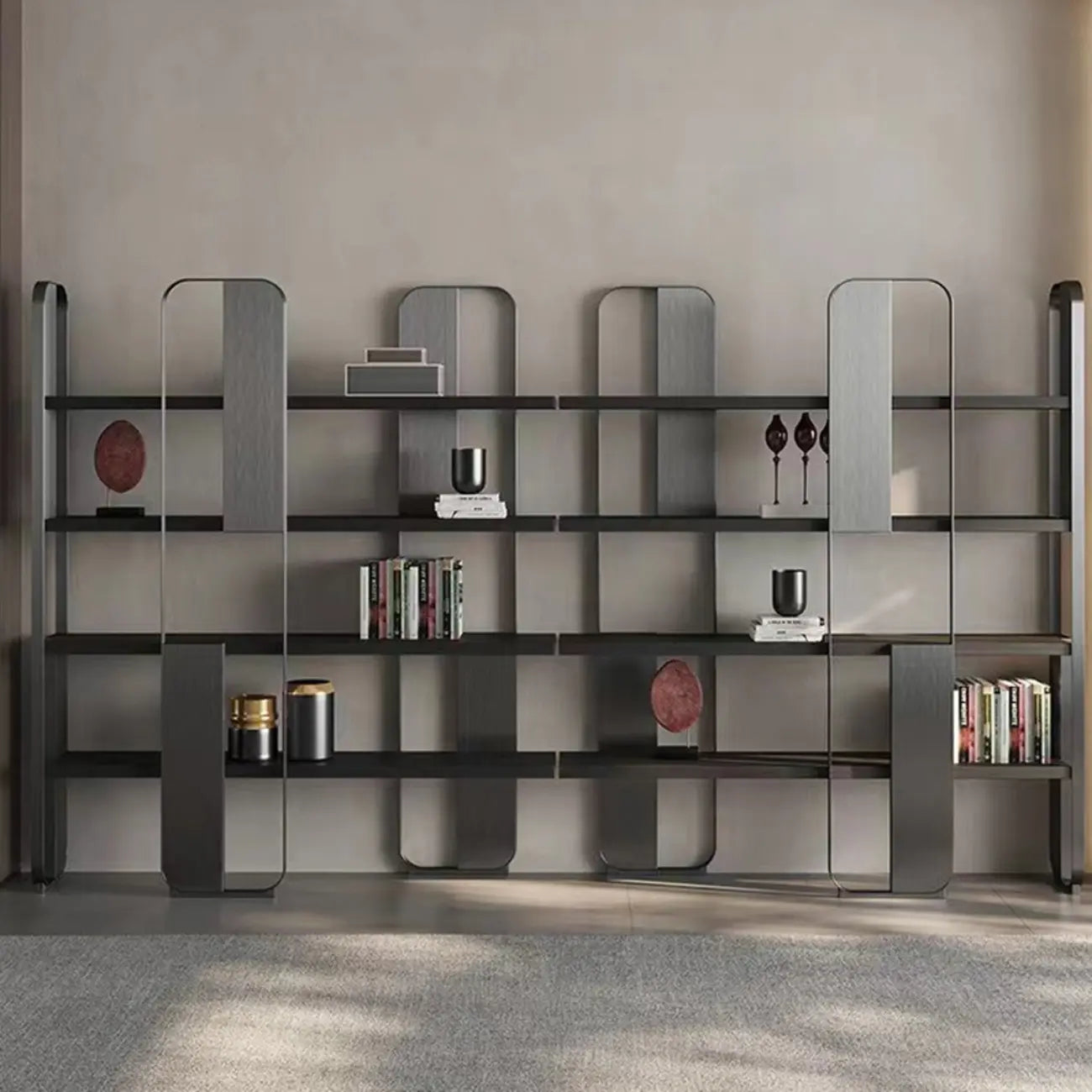 Minimalist Horizontal Wood Shelf Steel Etagere Bookcase