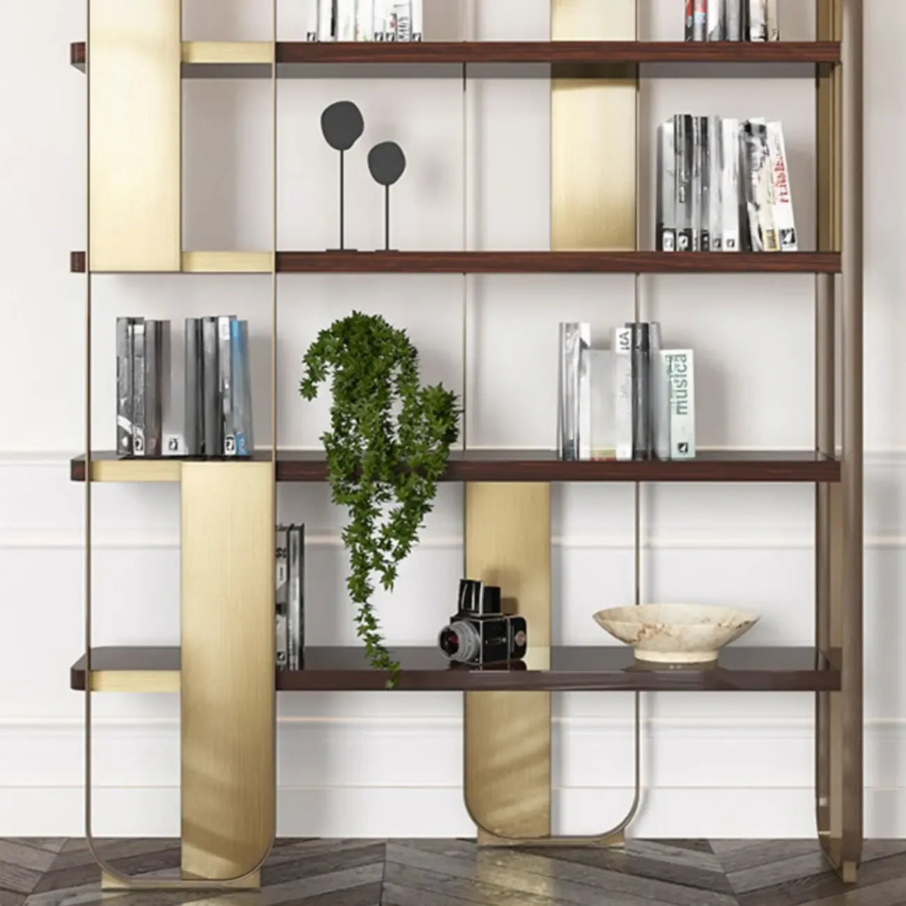 Minimalist Horizontal Wood Shelf Steel Etagere Bookcase