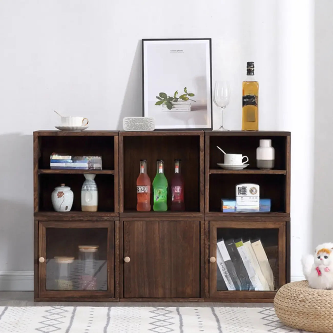 Narrow Modular Wooden Cube Bookcase with Doors