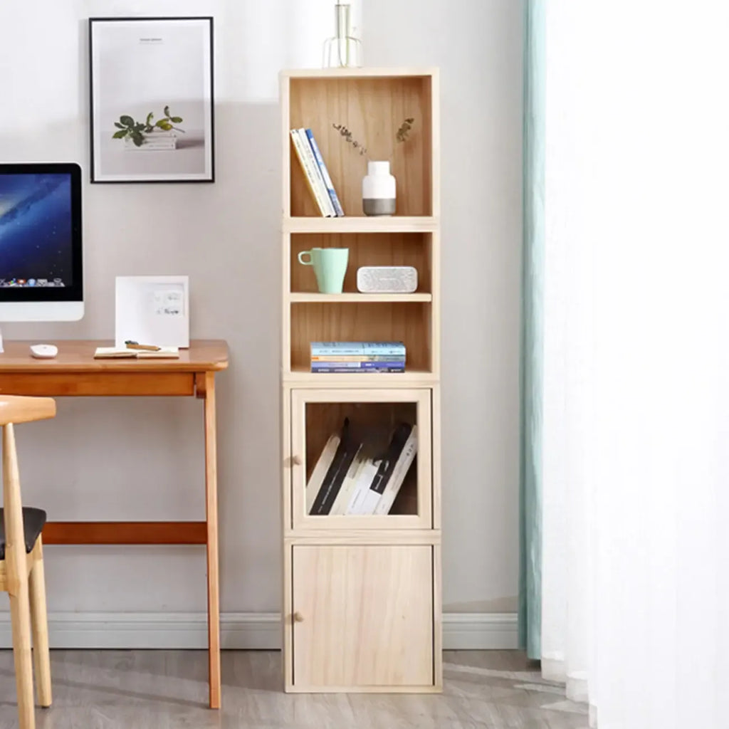 Narrow Modular Wooden Cube Bookcase with Doors