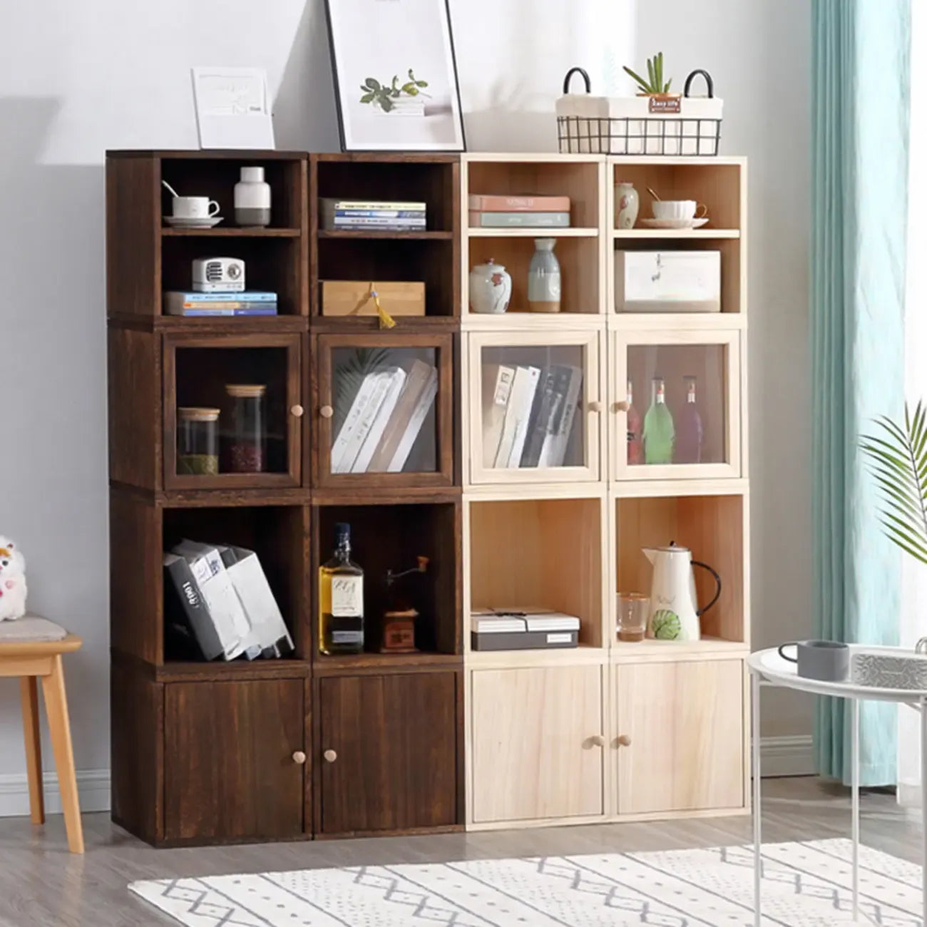 Narrow Modular Wooden Cube Bookcase with Doors