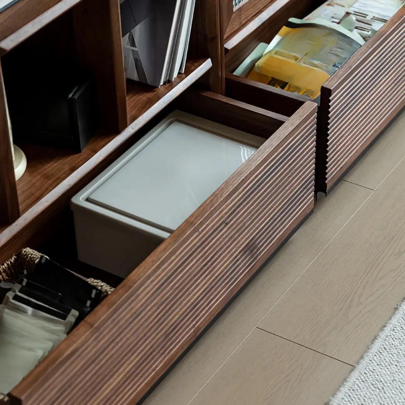 Wood Brown Cube Storage Bookcase with Drawers