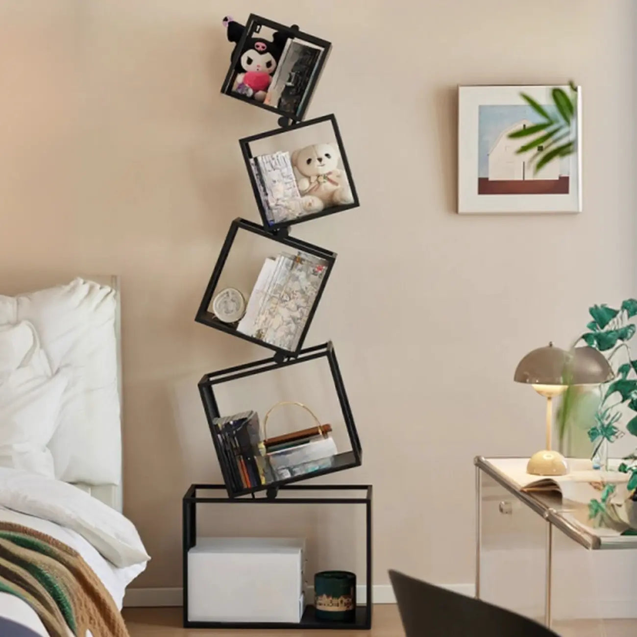 73H Black Metal Geometric Open Cube Bookcase