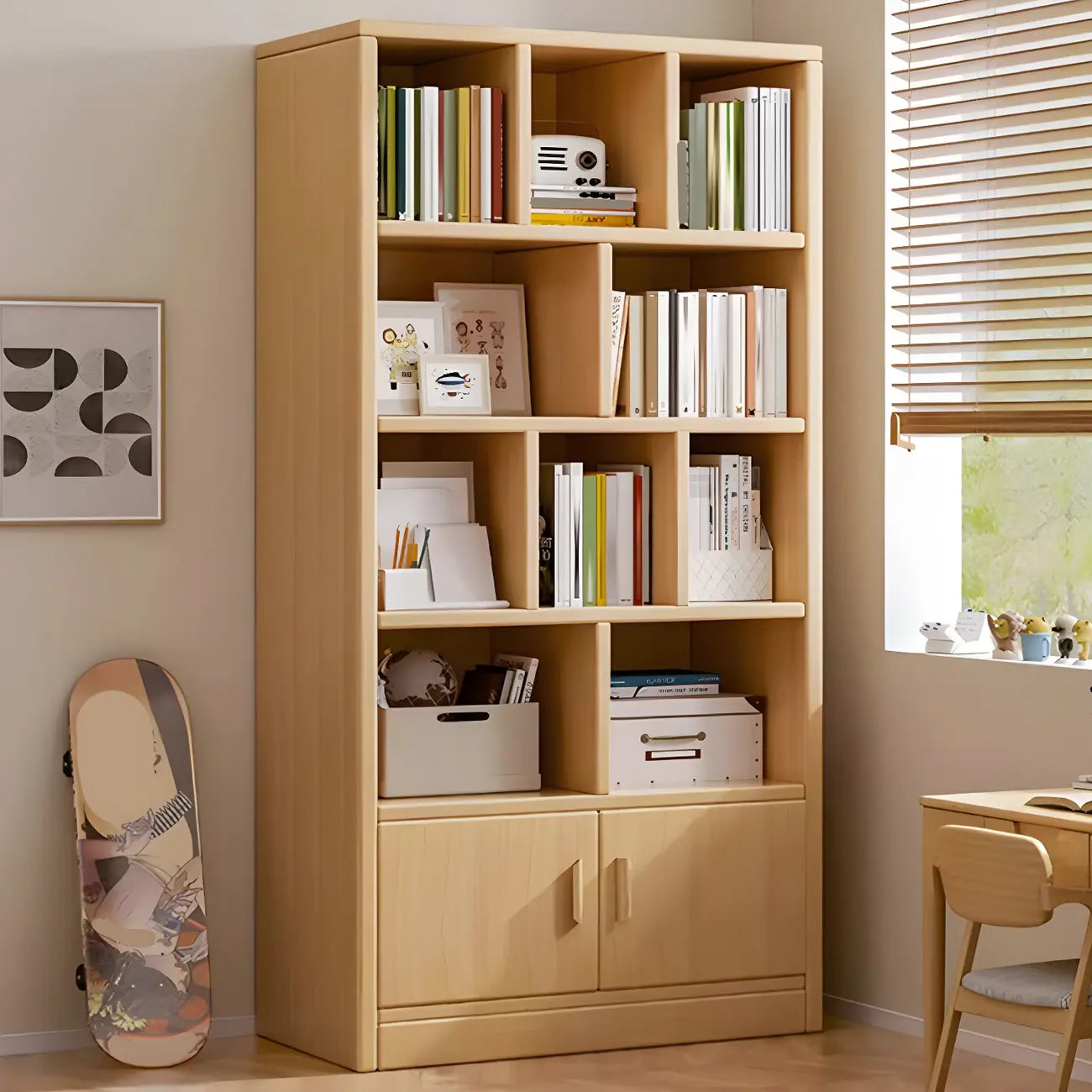 Nut-Brown Vertical Closed Back Wooden Storage Bookcase