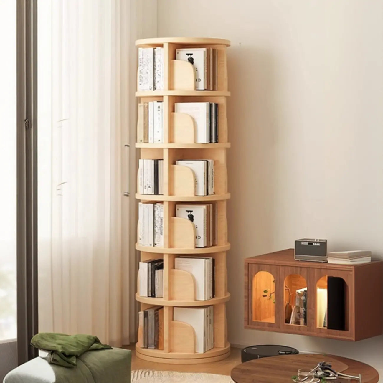 Narrow Modern Natural Wood Vertical Etagere Bookcase