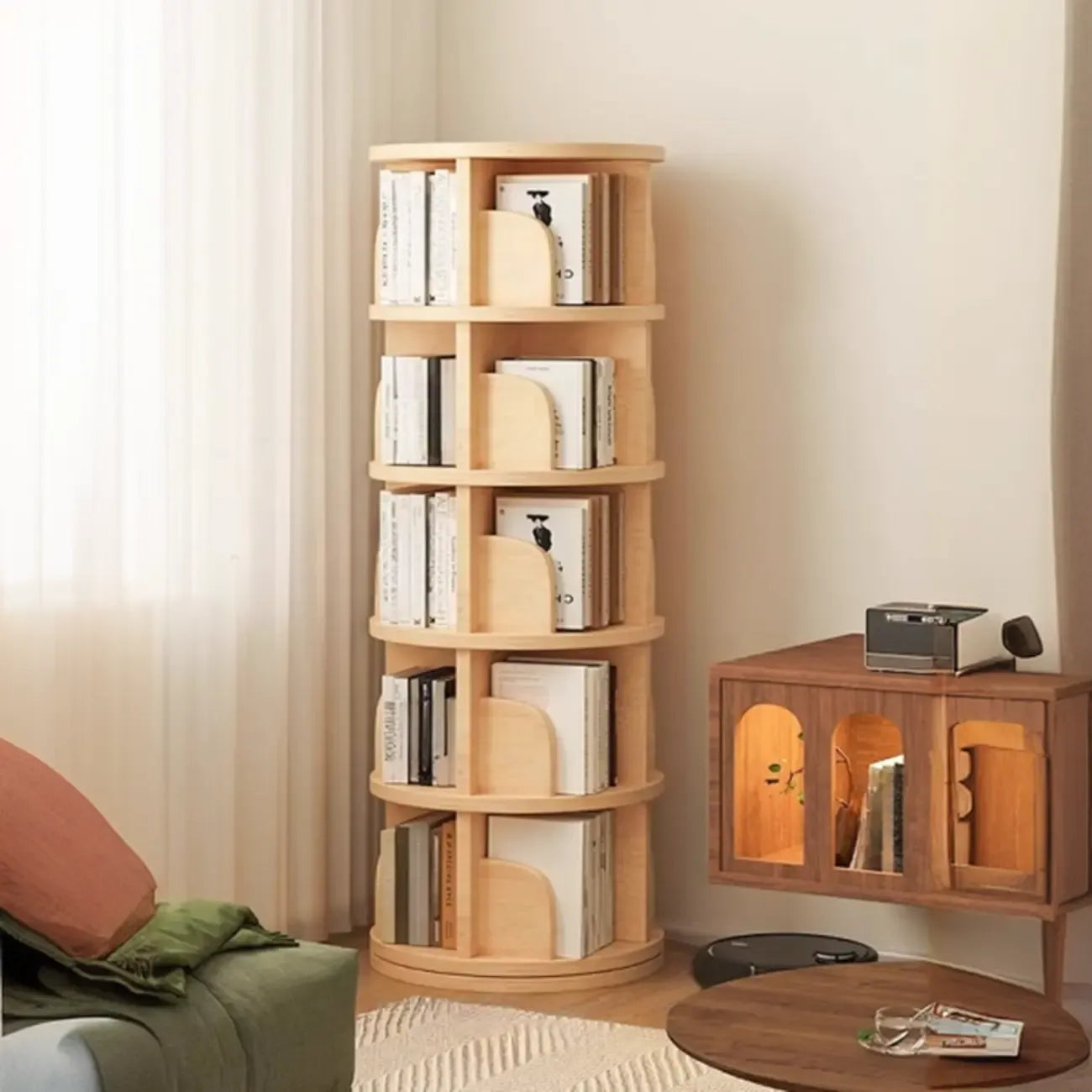 Narrow Modern Natural Wood Vertical Etagere Bookcase