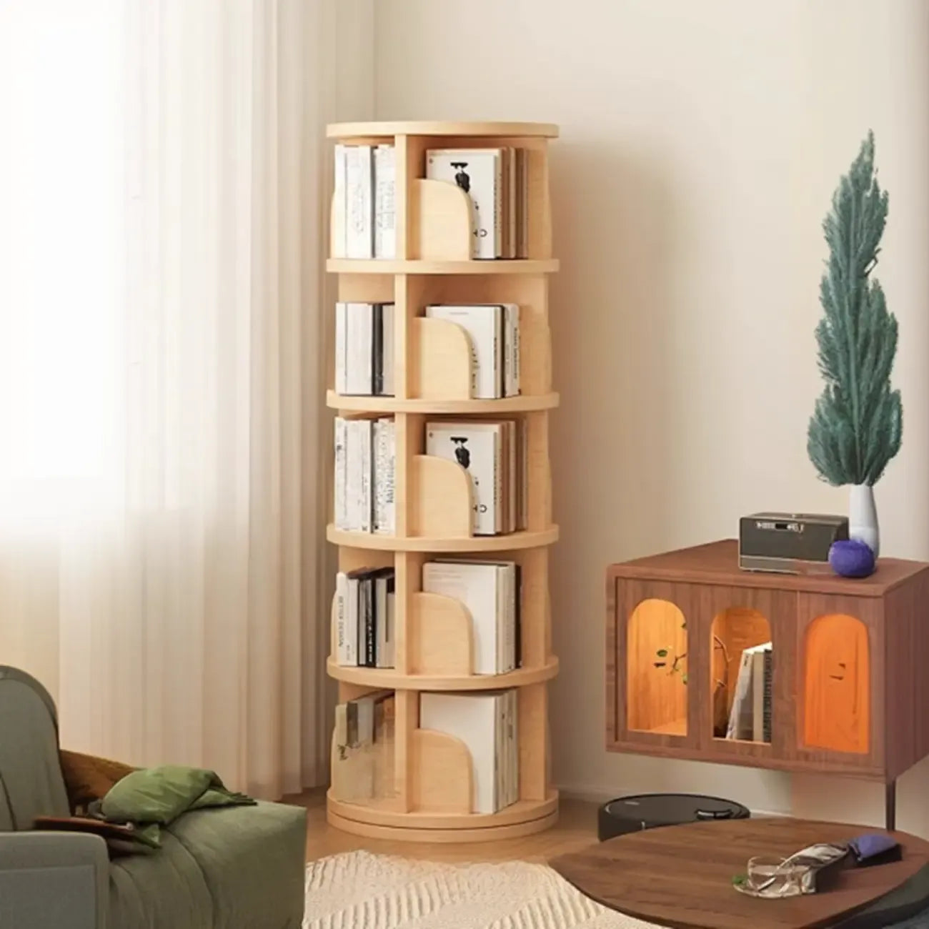 Narrow Modern Natural Wood Vertical Etagere Bookcase
