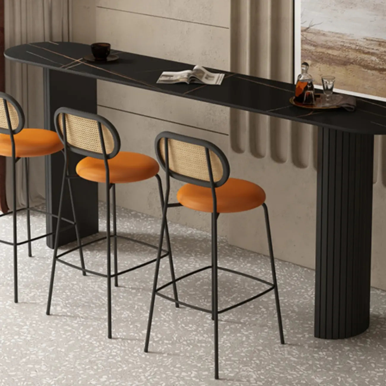 Scandinavian Oblong Black Stone Ribbed Steel Bar Tables