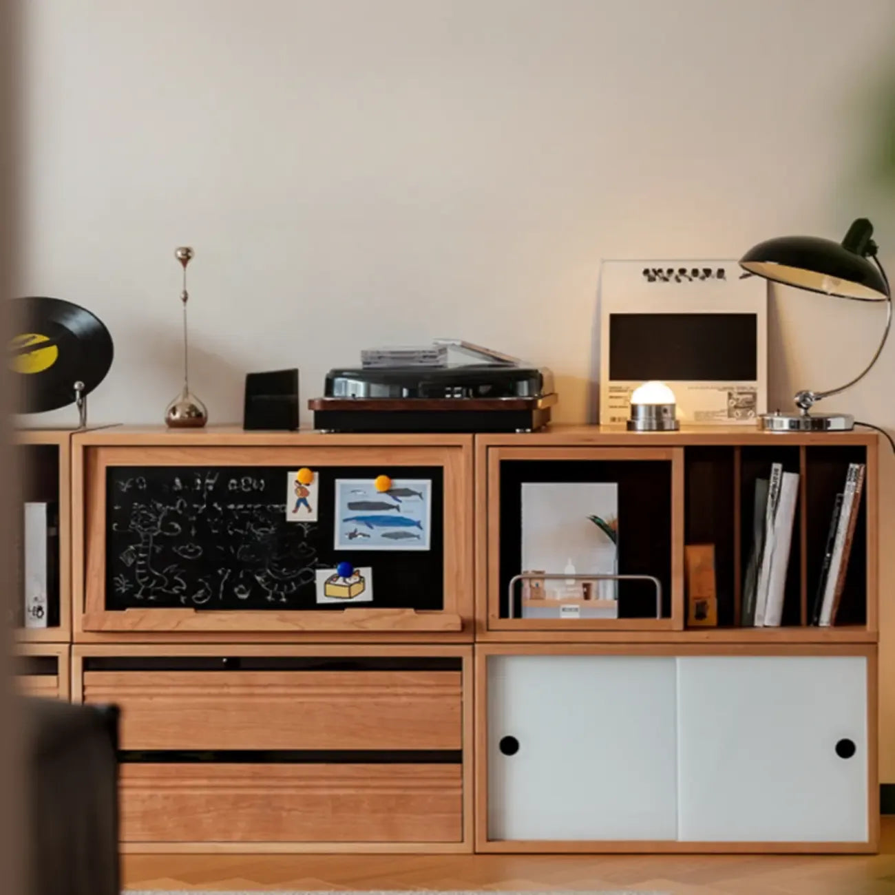 Simple Wood Brown Horizontal Bookcase with Drawers