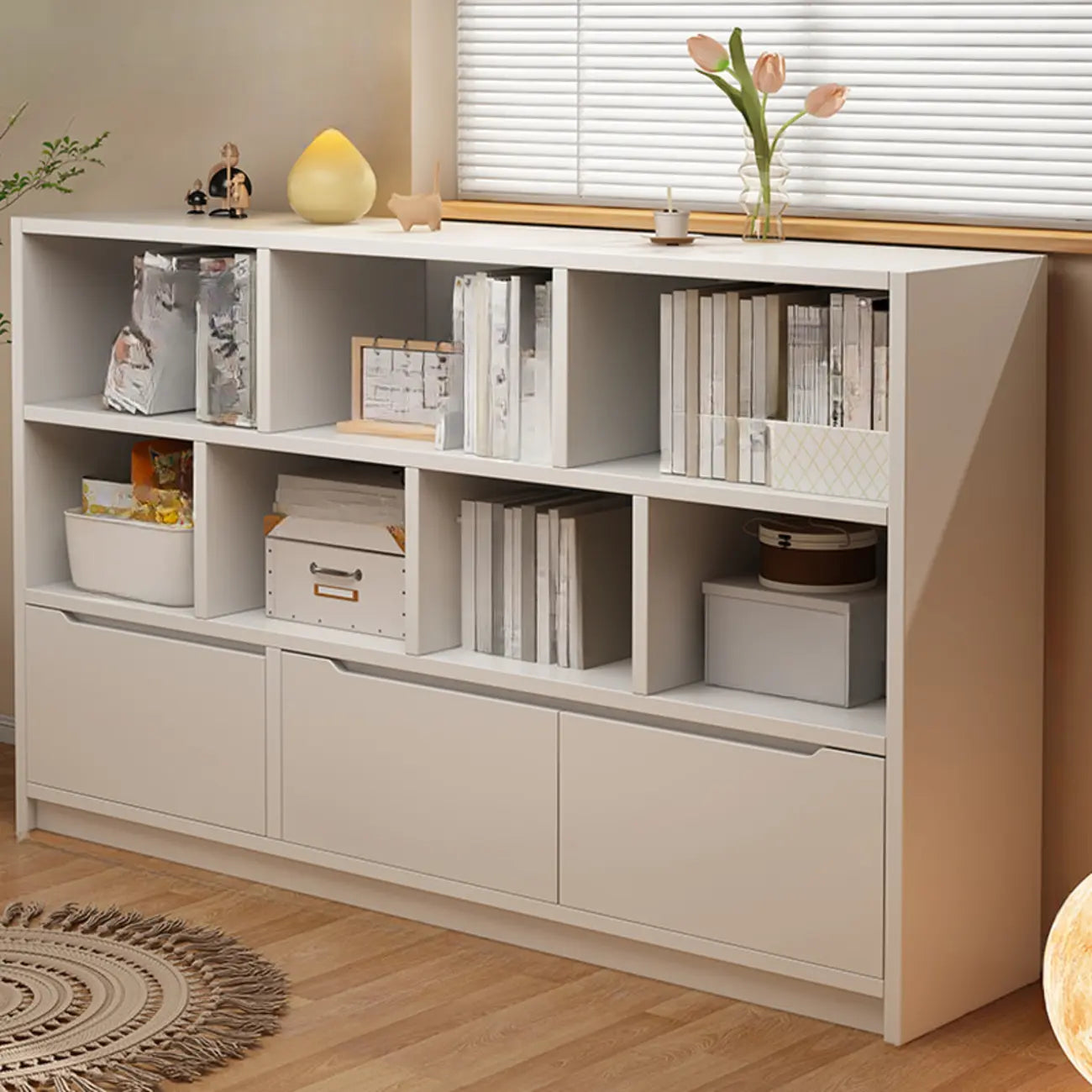 Low Horizontal White Wood Cube Bookcase