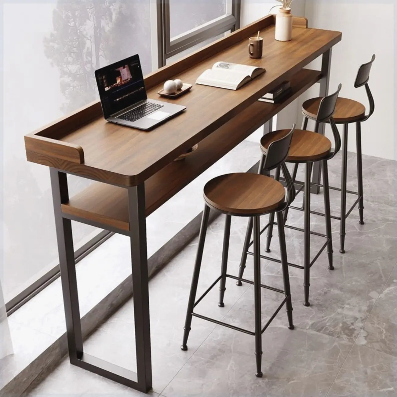 Modern Brown Tray Top Wooden Iron Shelf Bar Tables