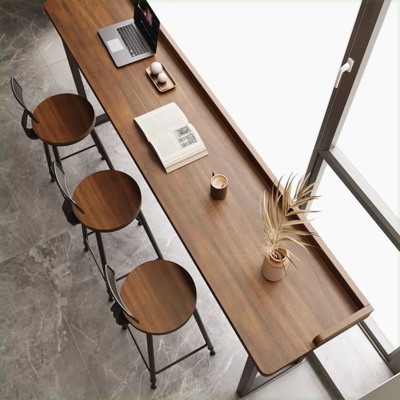 Modern Brown Tray Top Wooden Iron Shelf Bar Tables