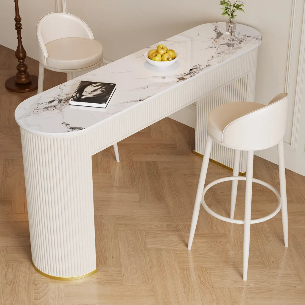 Modern White Stone Oblong Ribbed Iron Dual-Base Bar Tables