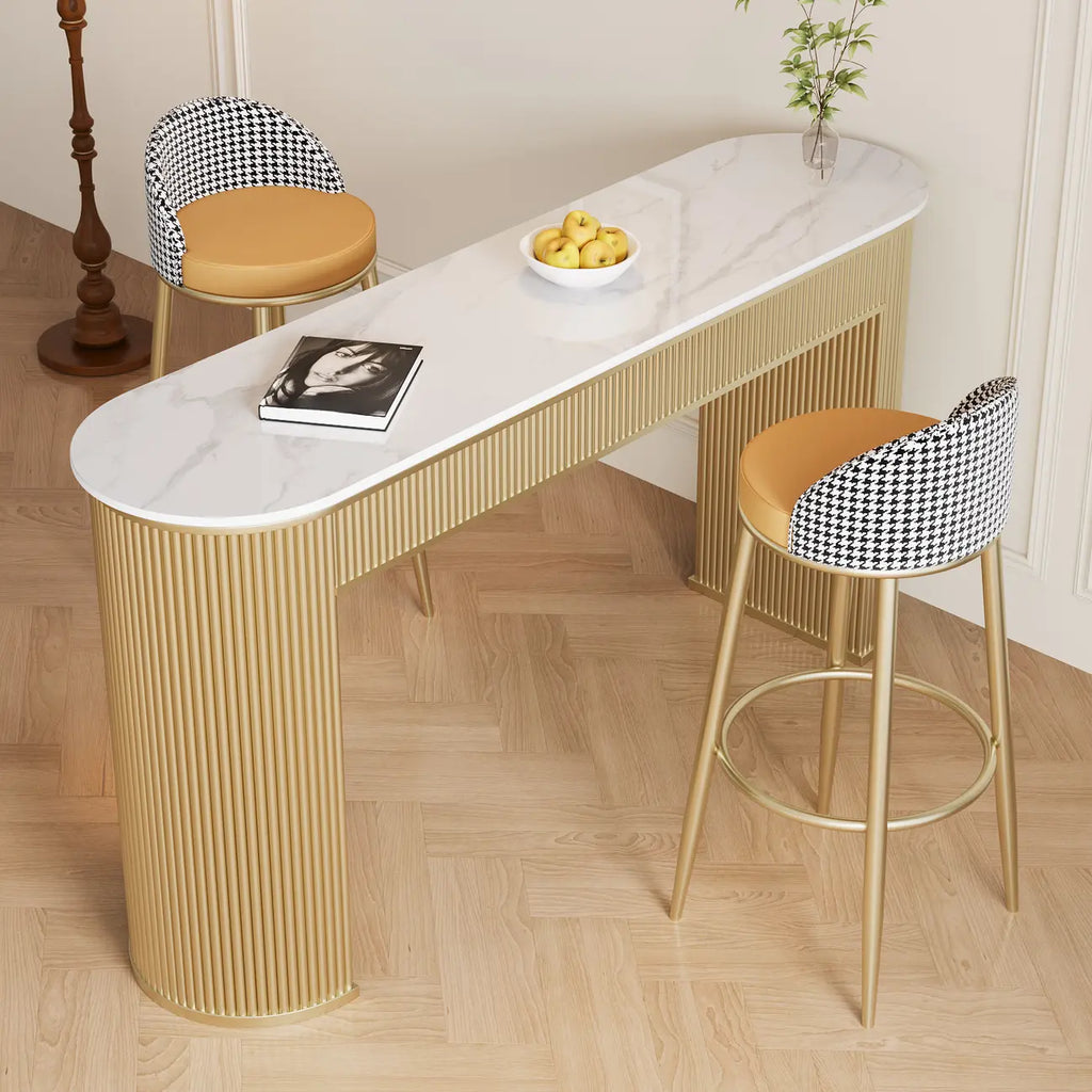 Modern White Stone Oblong Ribbed Iron Dual-Base Bar Tables
