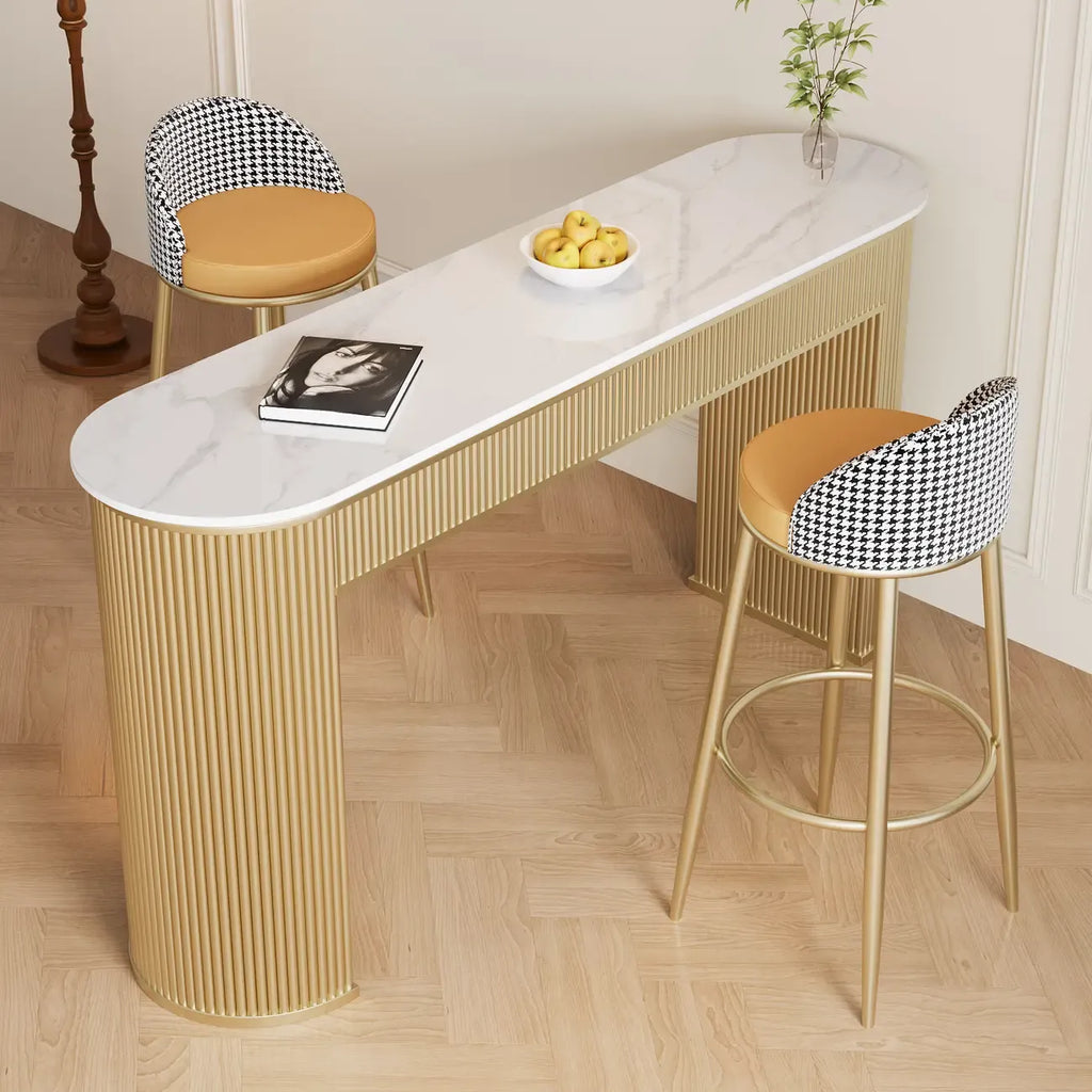 Modern White Stone Oblong Ribbed Iron Dual-Base Bar Tables