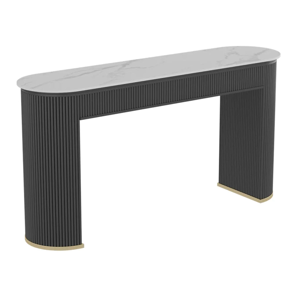 Modern White Stone Oblong Ribbed Iron Dual-Base Bar Tables