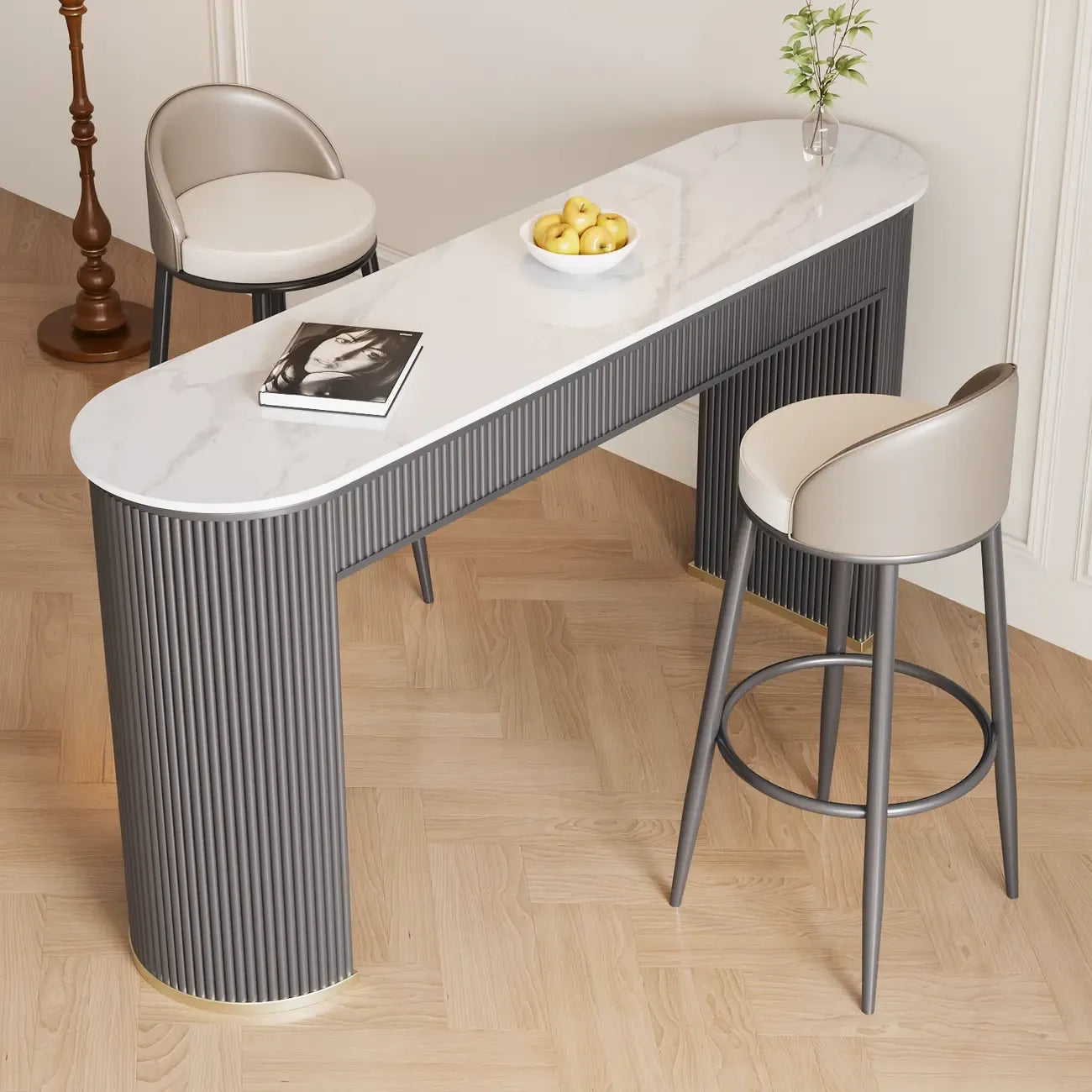 Modern White Stone Oblong Ribbed Iron Dual-Base Bar Tables