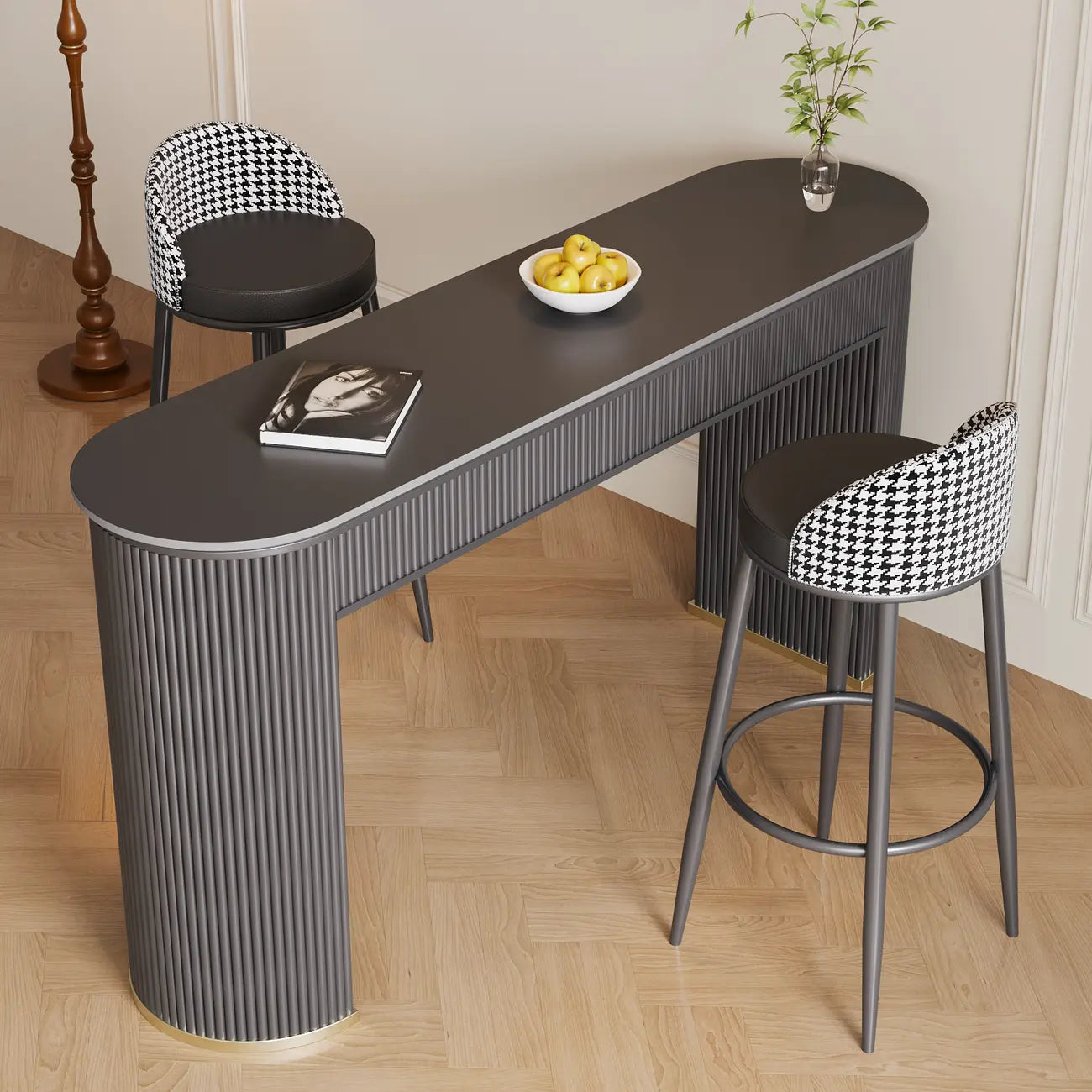 Modern White Stone Oblong Ribbed Iron Dual-Base Bar Tables