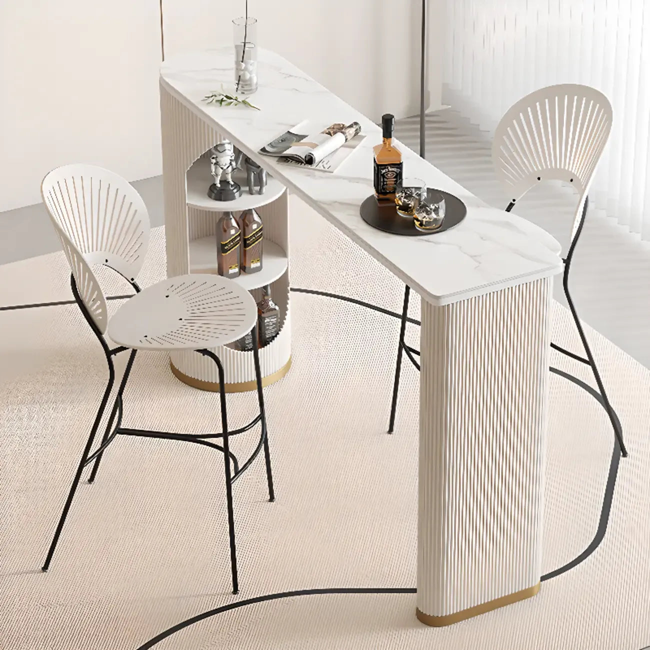 Modern White Stone Ribbed Iron 3-Layer Storage Bar Tables