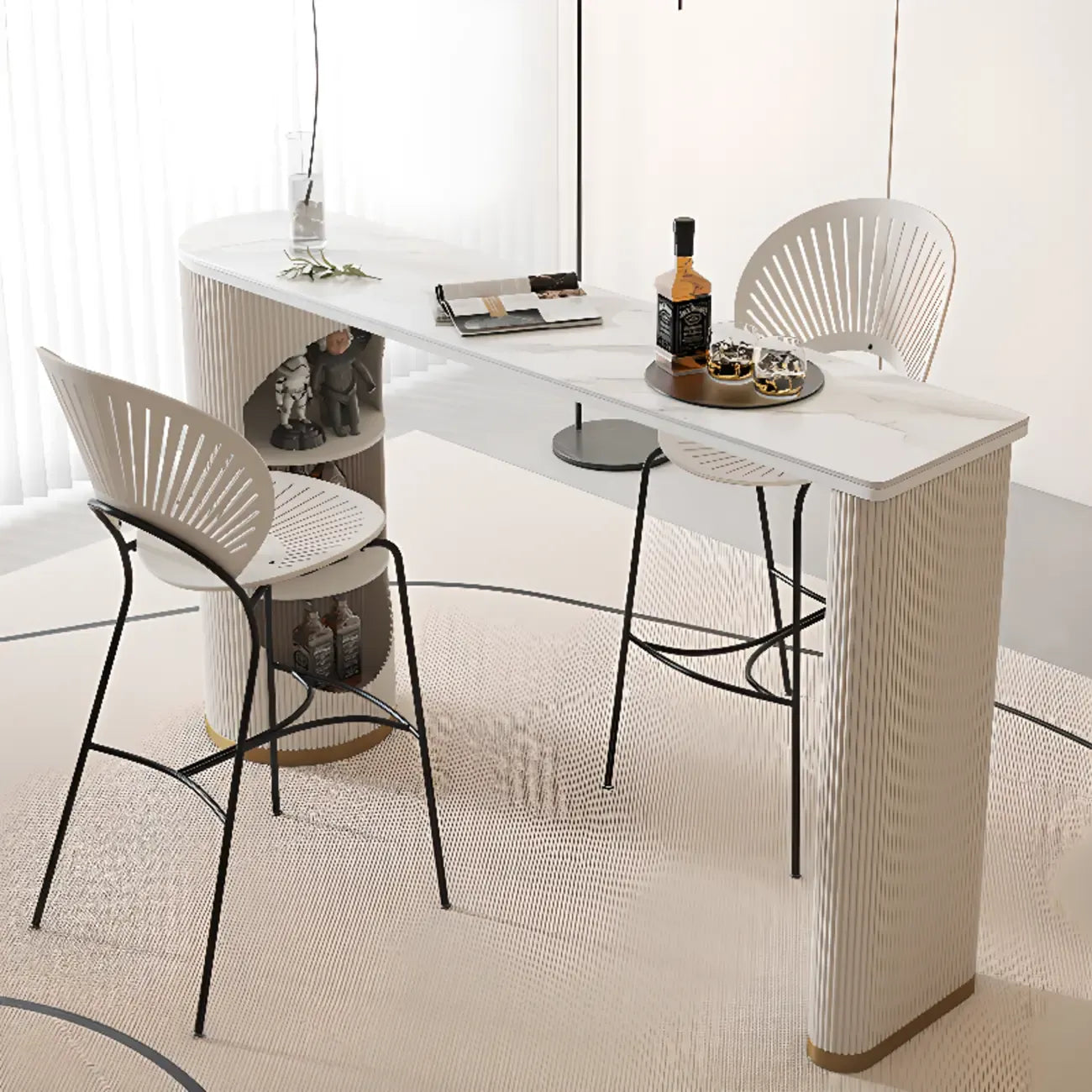 Modern White Stone Ribbed Iron 3-Layer Storage Bar Tables