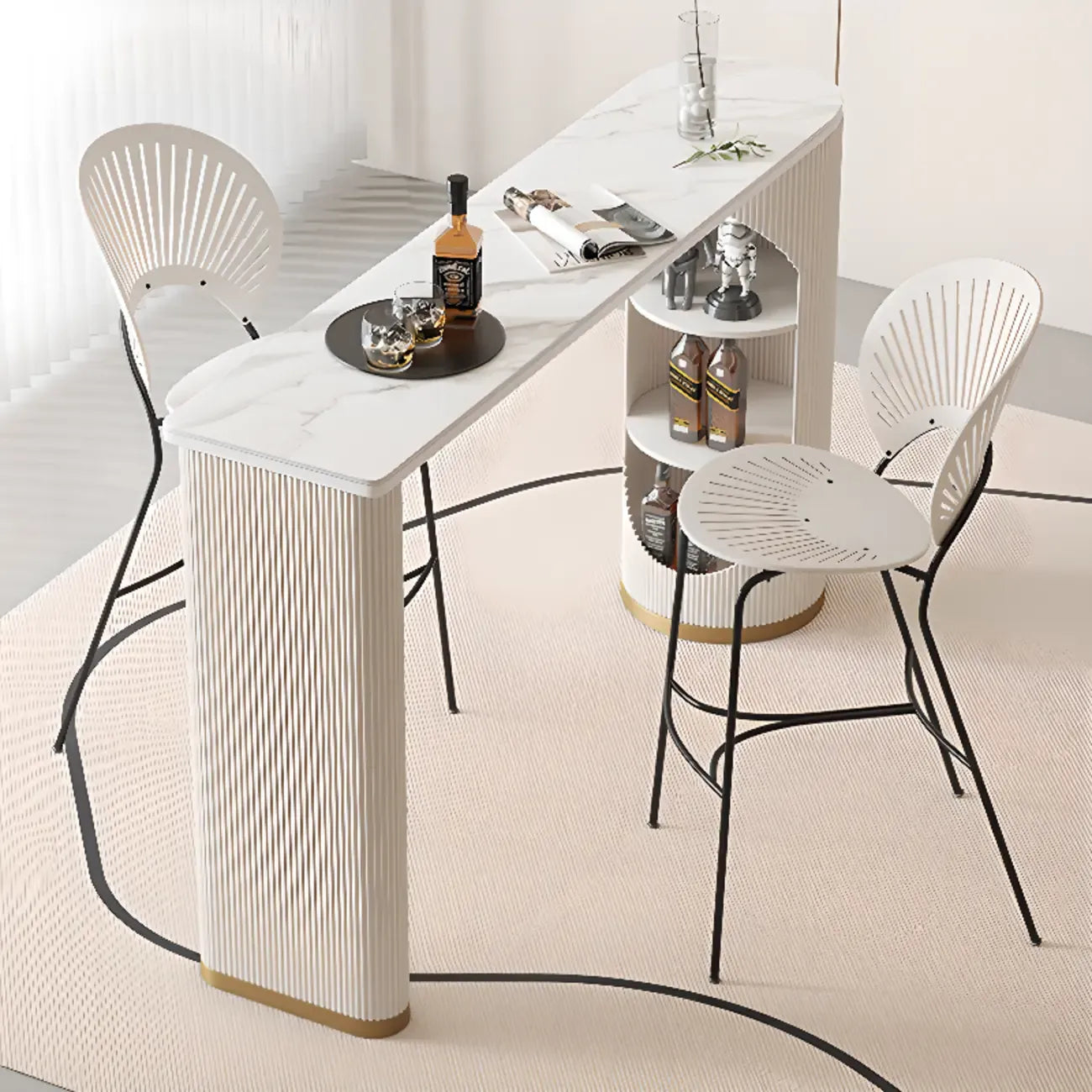 Modern White Stone Ribbed Iron 3-Layer Storage Bar Tables